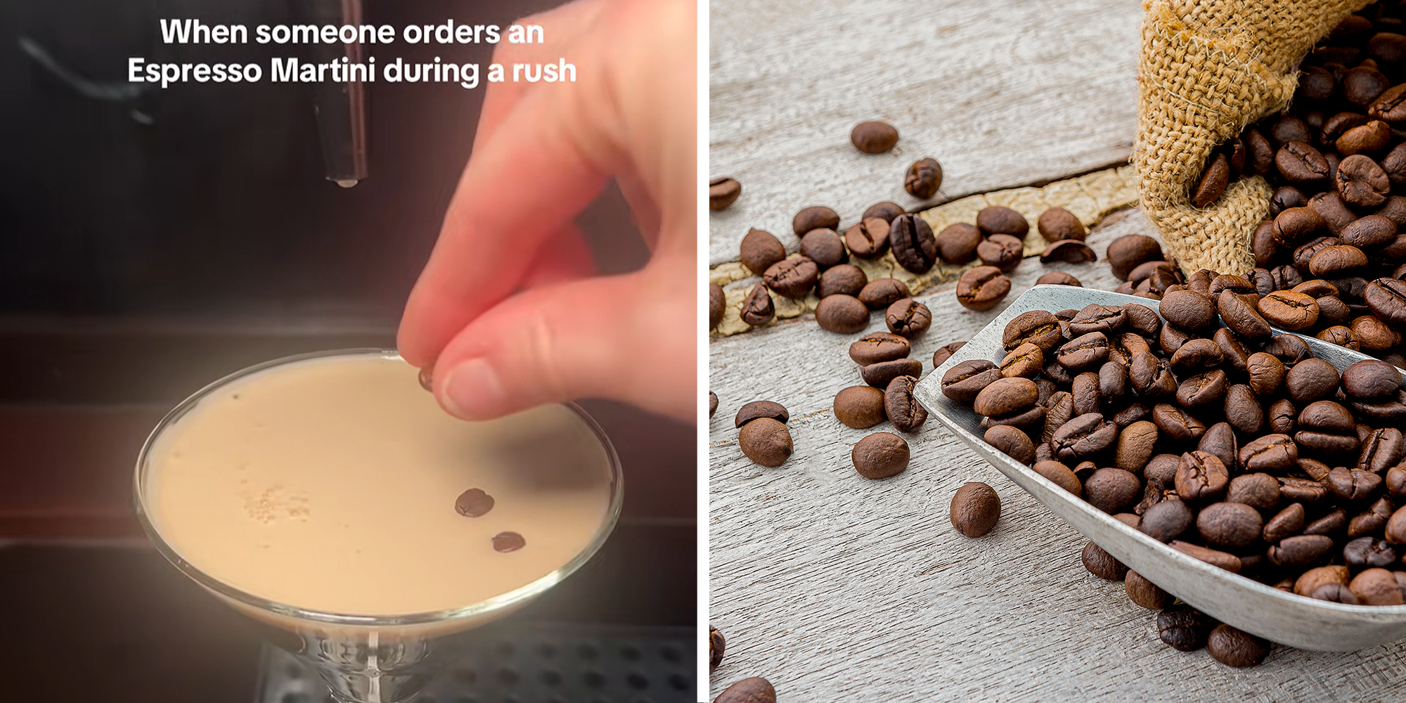 Bartender preparing espresso martini with overlaying text that reads: 'When someone orders an Espresso Martini during a rush' on left. Coffee beans spilling out of bag on right.