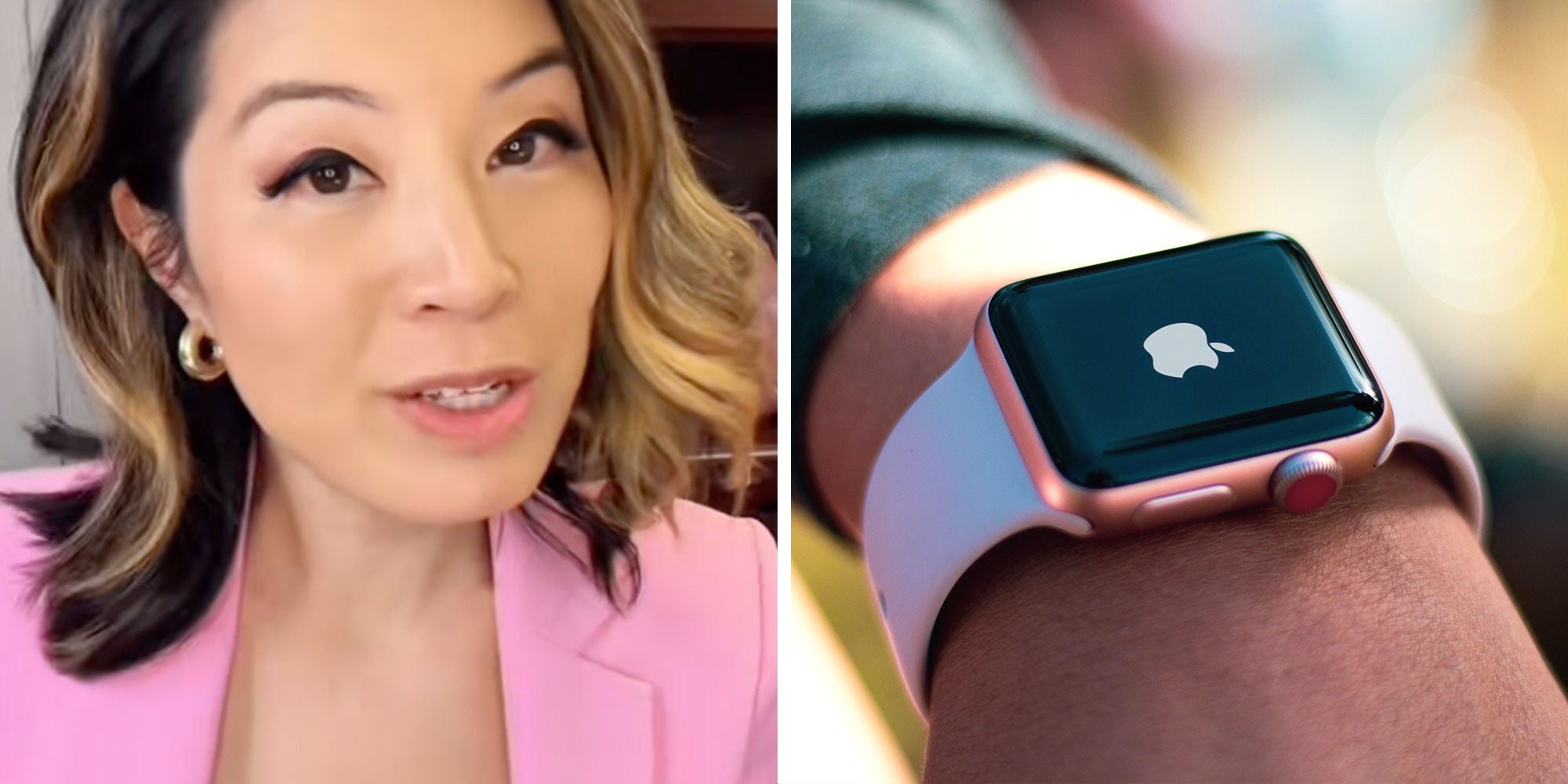 Screenshot of Tiktok user @thelawyerangela; A Photo of a wrist with an Apple Watch.