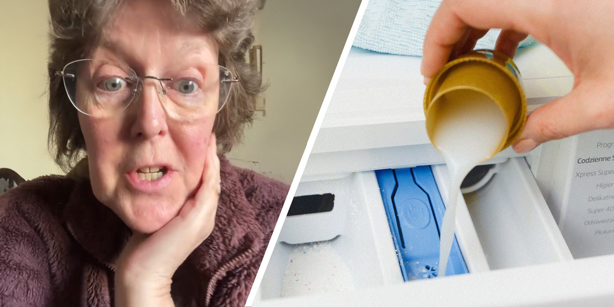 woman shares why you should not use fabric softener(l) Pouring fabric softener unto washer(r)