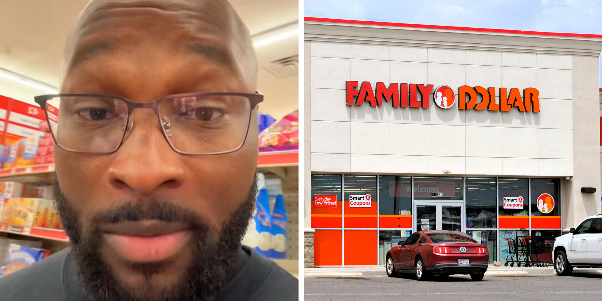 Man looking surprised while in candy aisle and speaking to camera on the left. Family Dollar storefront on right.