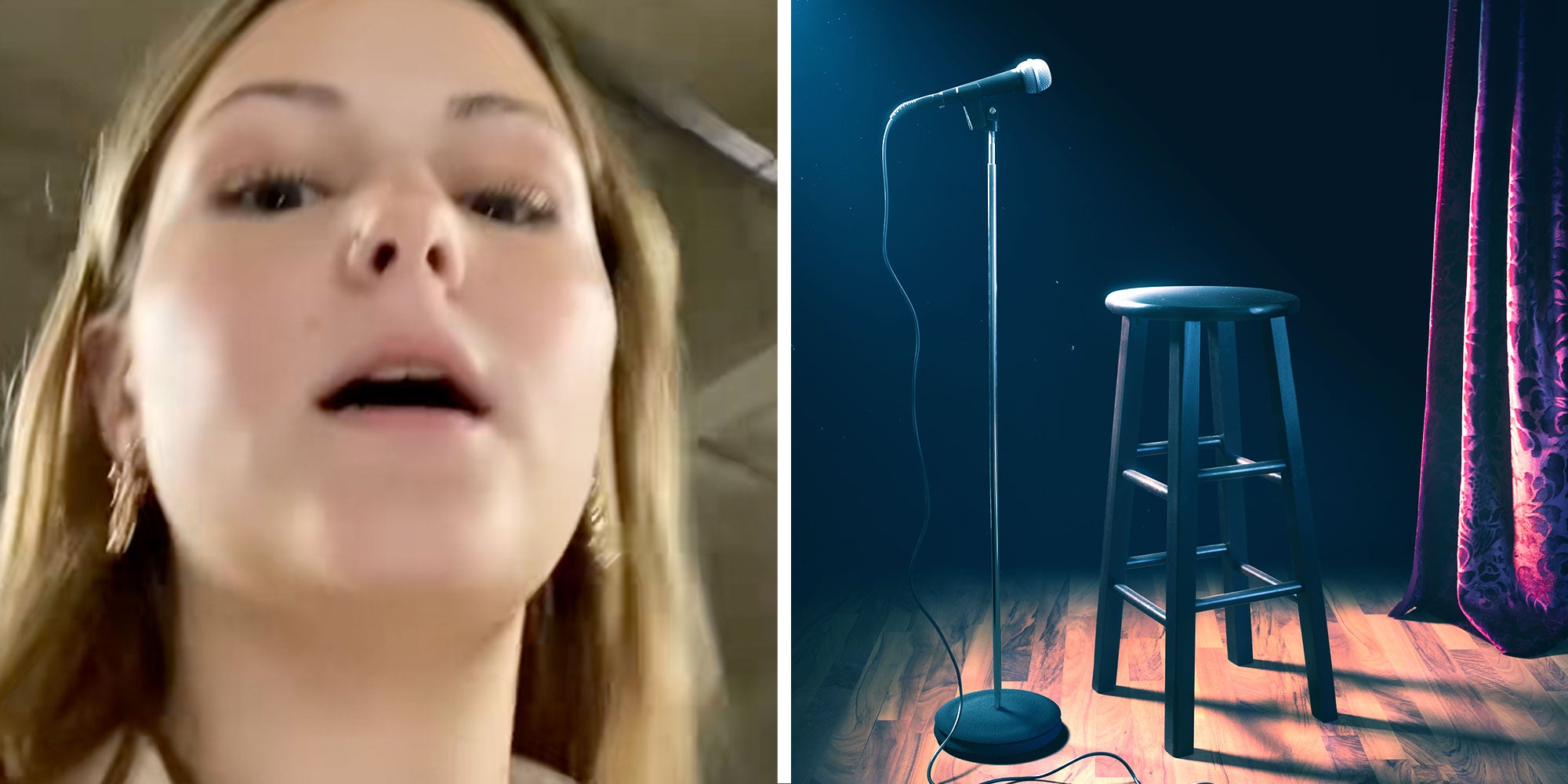 Screenshot of Tiktok user @joozyb; Photo rendering of a stage with a microphone and stool.