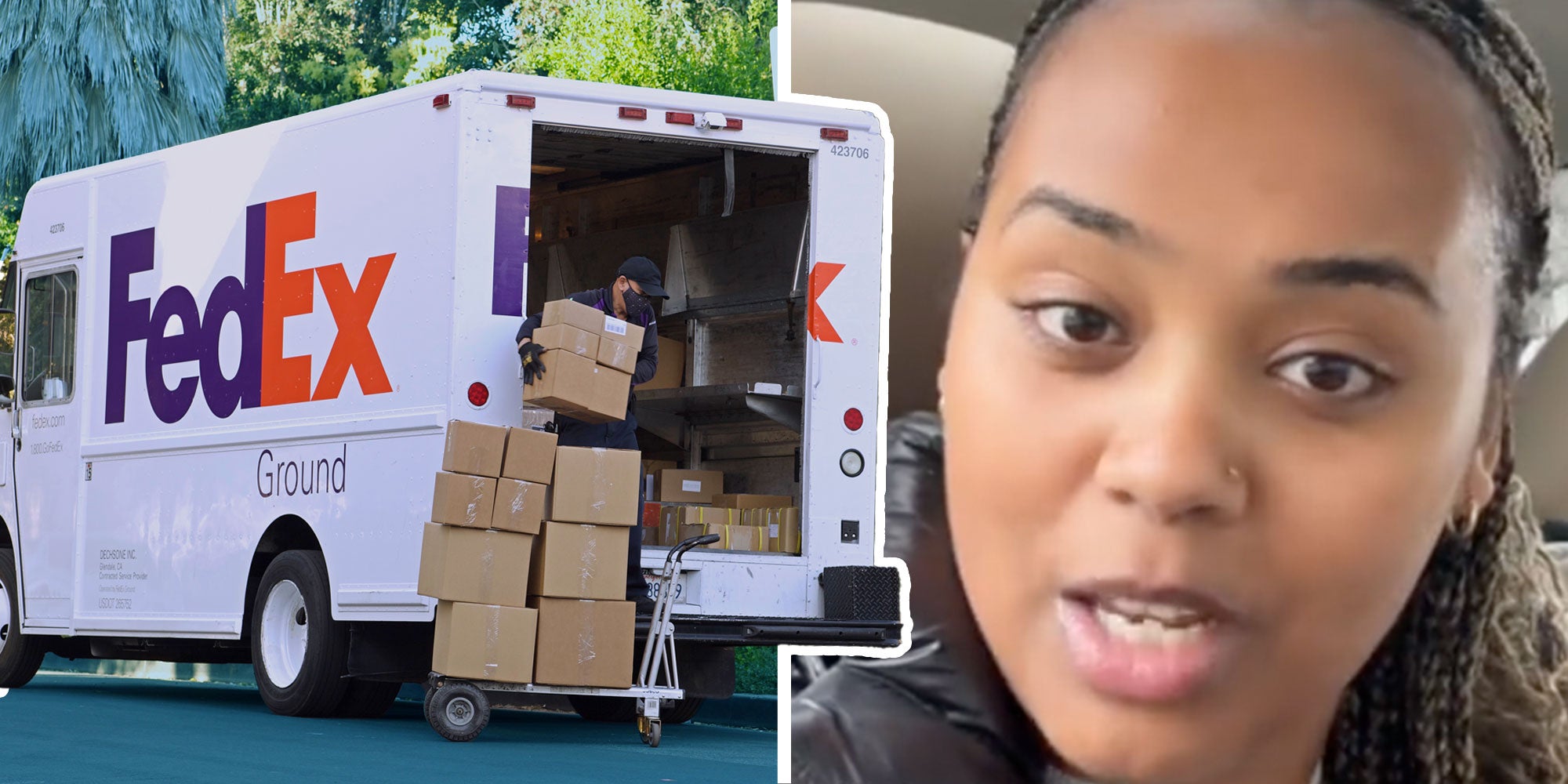 Photo of a Fedex Deliver Drive unloading a Fedex truck; Screenshot of Tiktok user @ahfomeya.