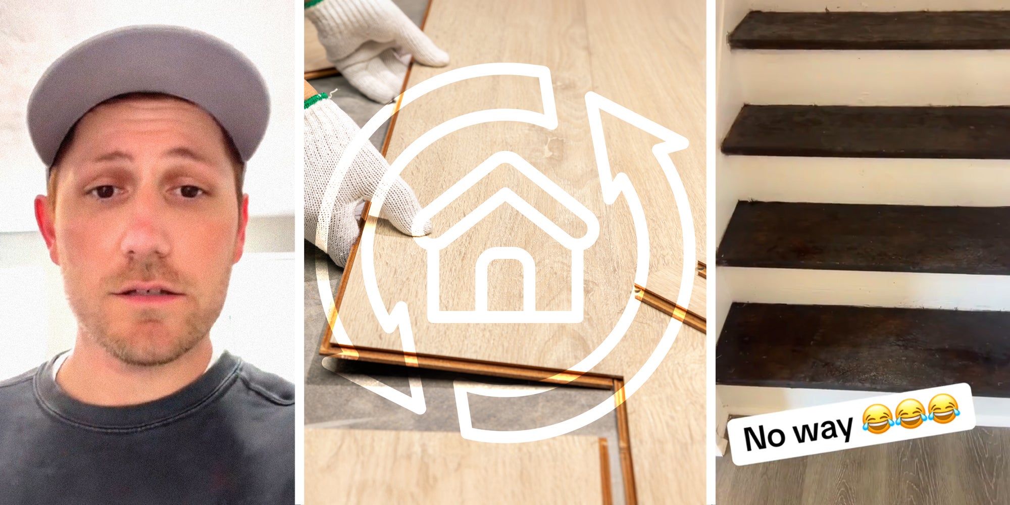 3 panel image: on the left a person explains, in the middle is a symbol for flipping houses, and on the right a shot of stairs in a flipped home.