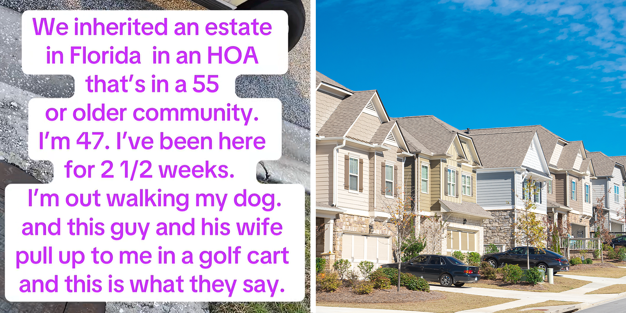 Split image. Image with text reading: 'We inherited an estate in Florida in an H.O.A. that's in a 55 or older community. I'm 47. I've been here for 2 1/2 weeks. I'm out walking my dog. and this guy and his wife pull up to me in a golf cart and this is what they say.' on left. Suburban homes on right.