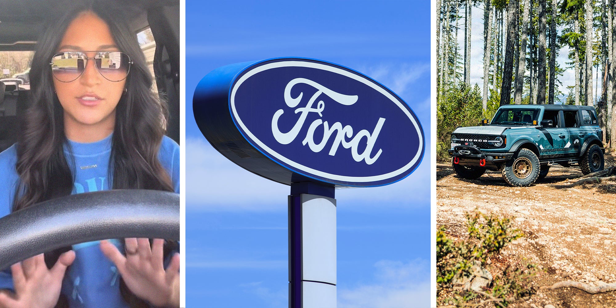 woman shares shocking story about her Bronco(l) Ford Dealer Sign(c) Teal colored Ford Bronco in the forest(r)