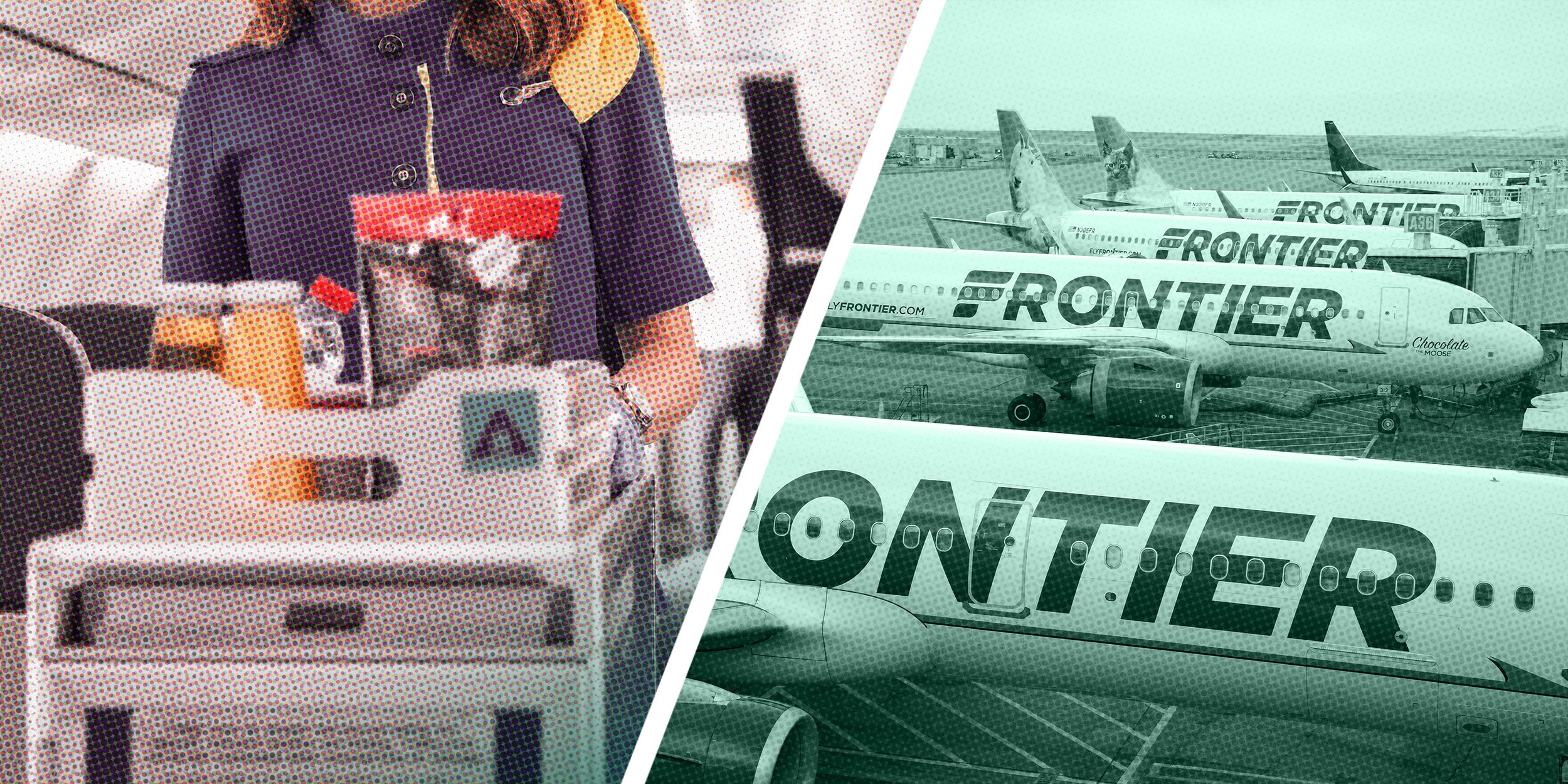 Left: Photo of a Flight attendant rolling a cart down an airplane aisle; Right: Photo of several Frontier airplanes.