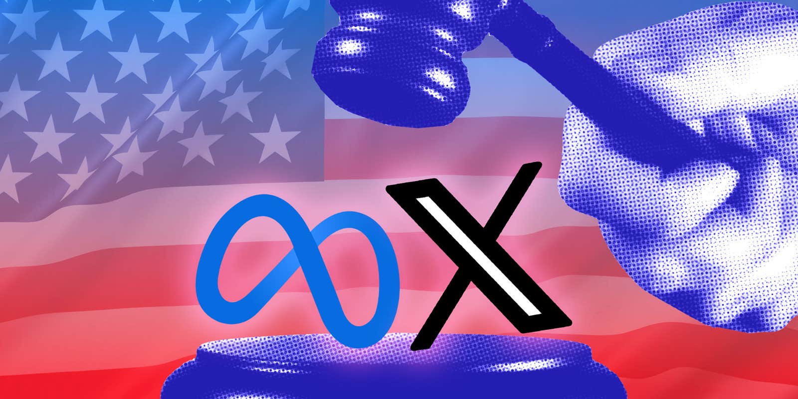 Illustration photo d'une main avec un petit cadeau essayant de frapper le logo Meta et X devant un drapeau américain.