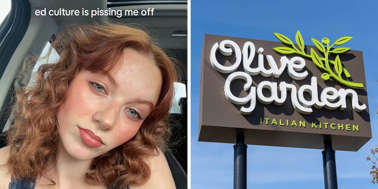 2 image split. Woman in car with overlayed text that reads: 'E.D. culture is pissing me off' on left. Olive Garden sign on right.