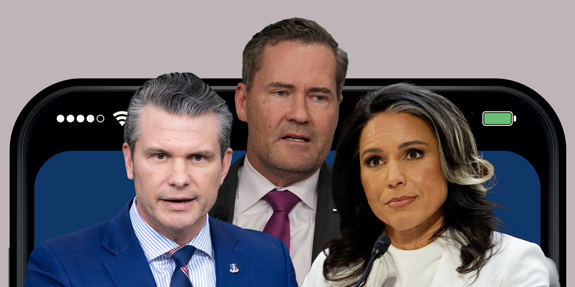 Left to right: Pete Hegseth, Mike Waltz, and Tulsi Gabbard in a phone screen.