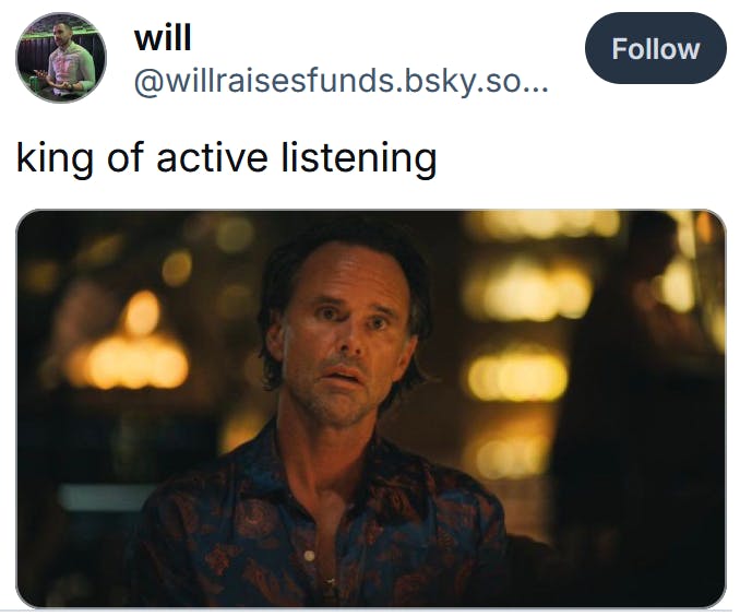 Gagged Goggins meme titled 'king of active listening.'