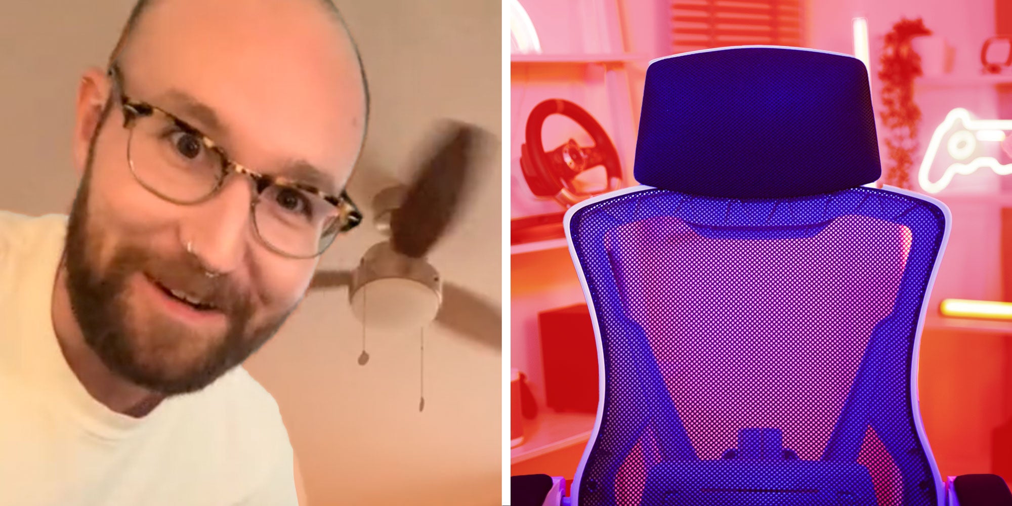 Tiktok user @builtgrifferent; a photo of a gaming chair in an orange office.