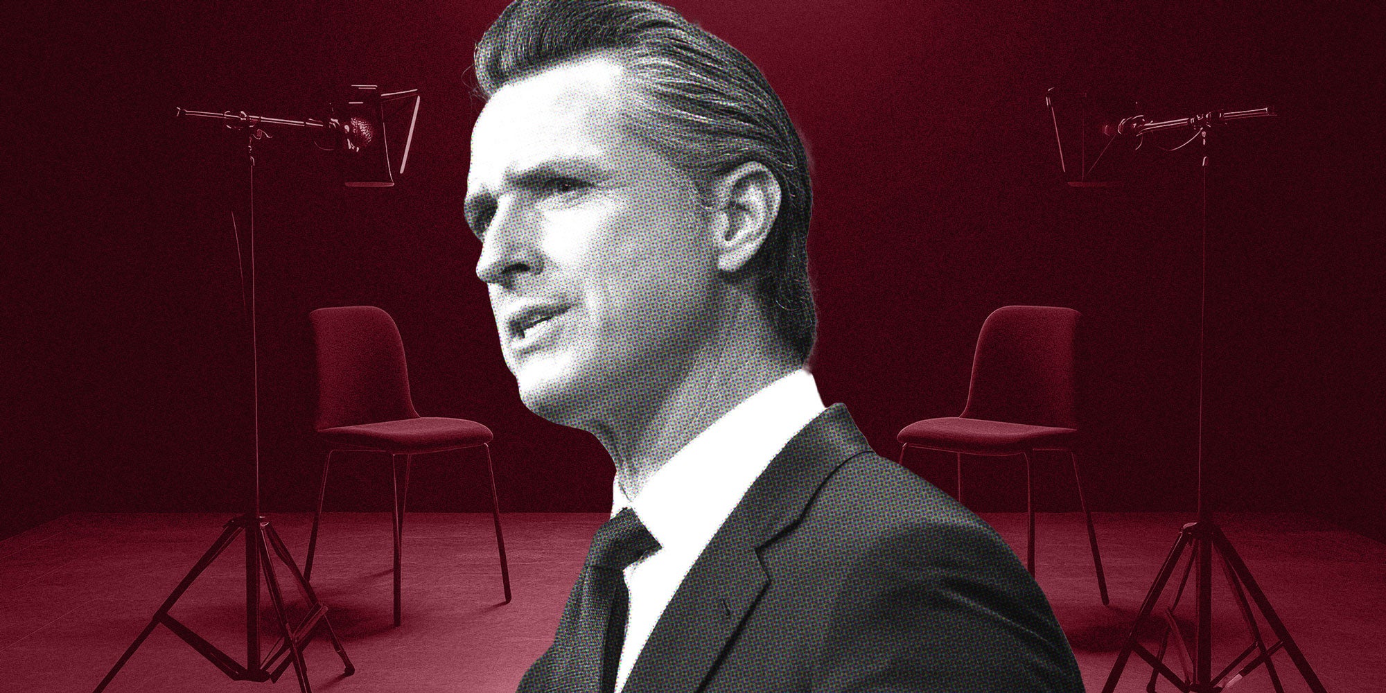 Photo Illustration of Gavin Newsom in front of an empty podcast /studio.