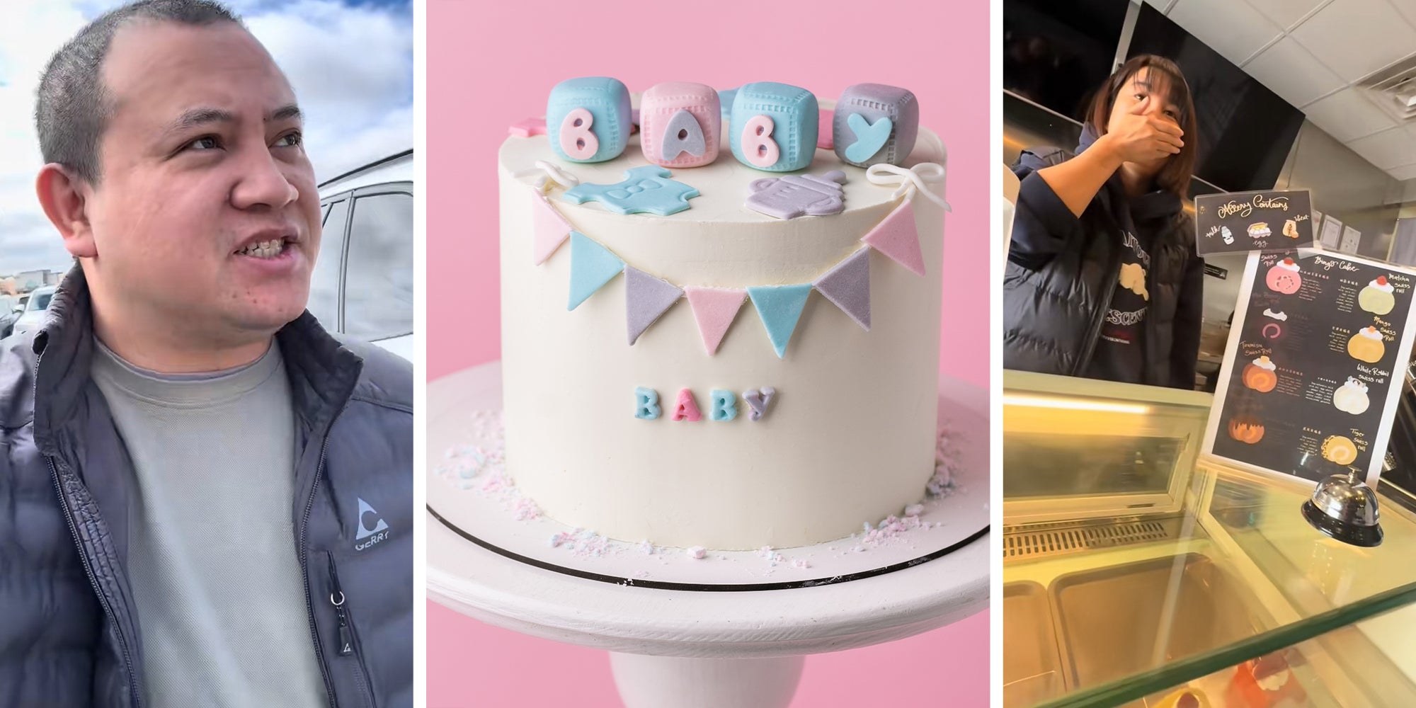 man shares what happened to him when he purchased a gender reveal cake(l) Baby shower party cake with white chocolate frosting.(c) Woman looking shocked at cake store(r)