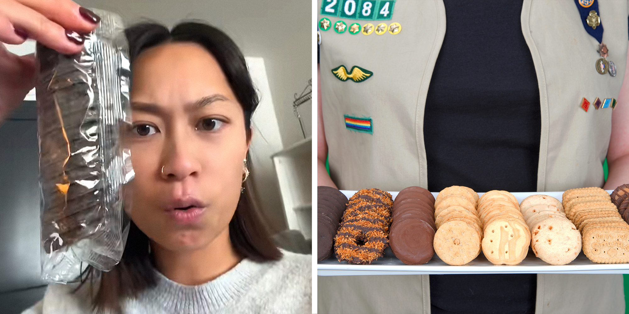 2 image split. Someone holding up a pack of thin mint cookies, looking shocked, on left. Girl Scout holding tray of assorted cookies on right.