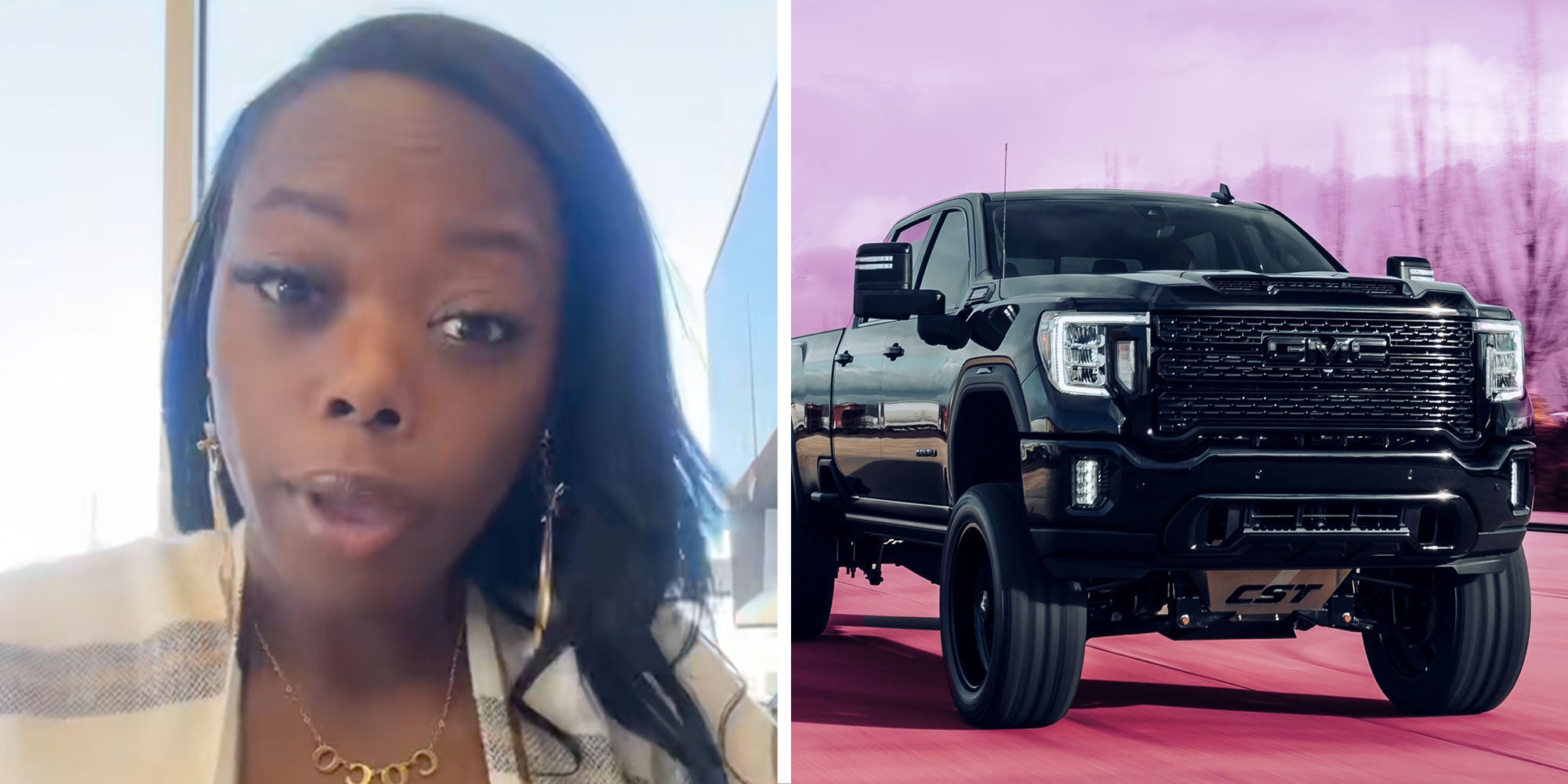 Screenshot of Tiktok user @wholelotofcoco; Photo of a GMC Sierra Denali truck.