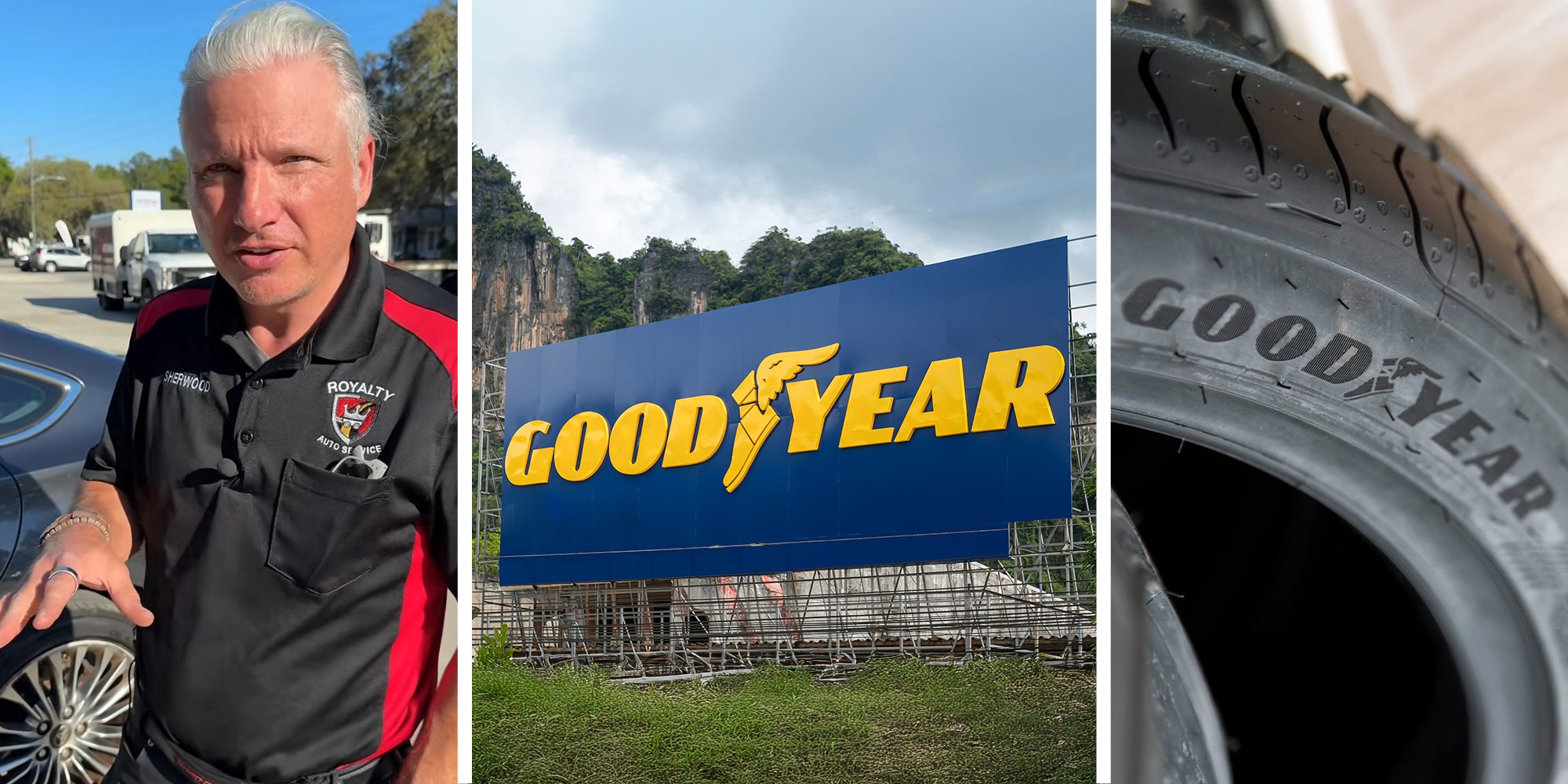 mechanic shares tire pressure expected(l) Good Year Tire Brand(c) GoodYear Logo on tire(r)
