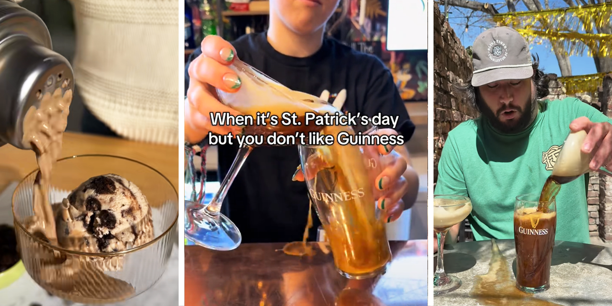 3 image split. Espresso martini being poured over ice cream in glass on left. Espresso martini being poured into Guinness cup with overlayed text that reads: "When it's St. Patrick's day but you don't like Guinness" in center. Man pouring down espresso martini in Guinness cup on right.