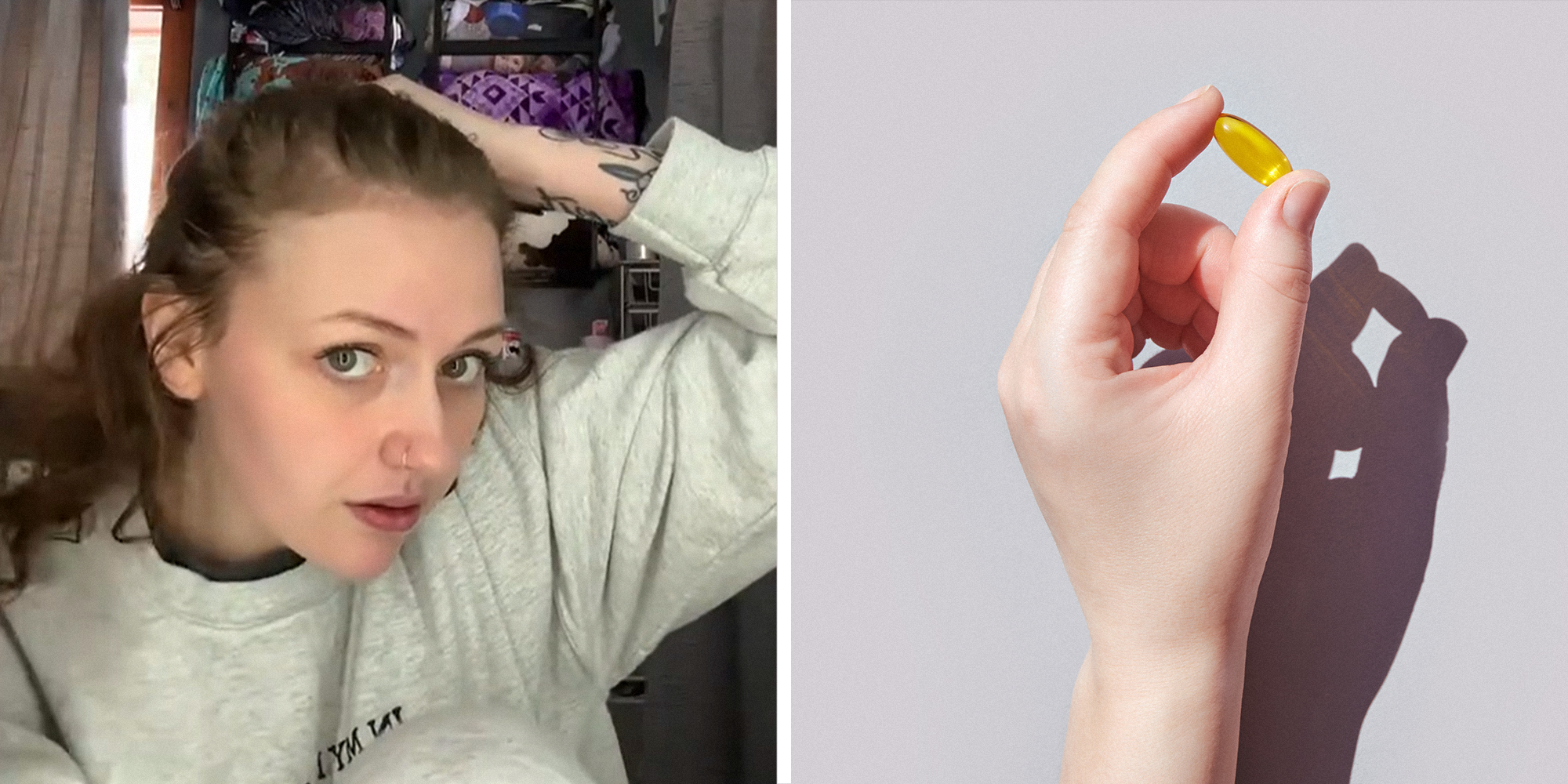 Woman pulling her hair back on left. Hand holding gel capsule on right.