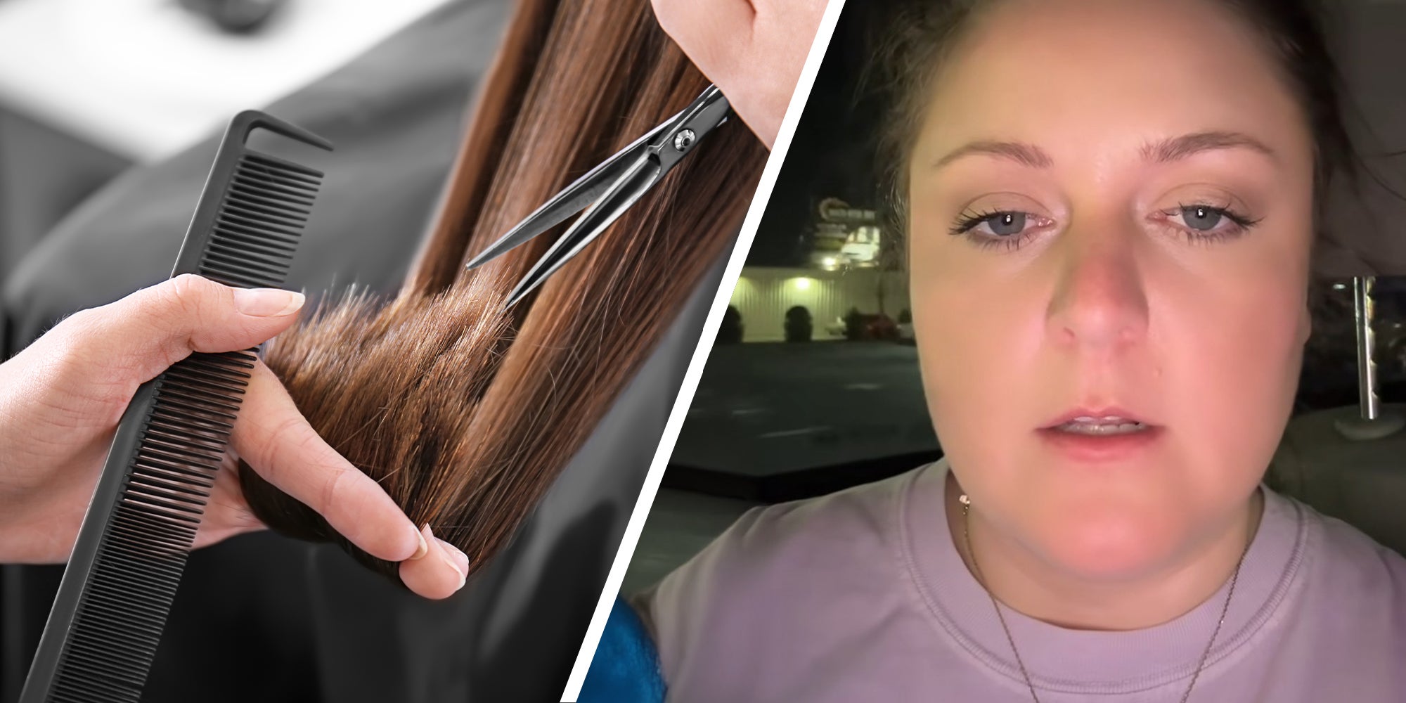 woman getting her hair cut(l) Woman shares keaton oaks haircut(r)