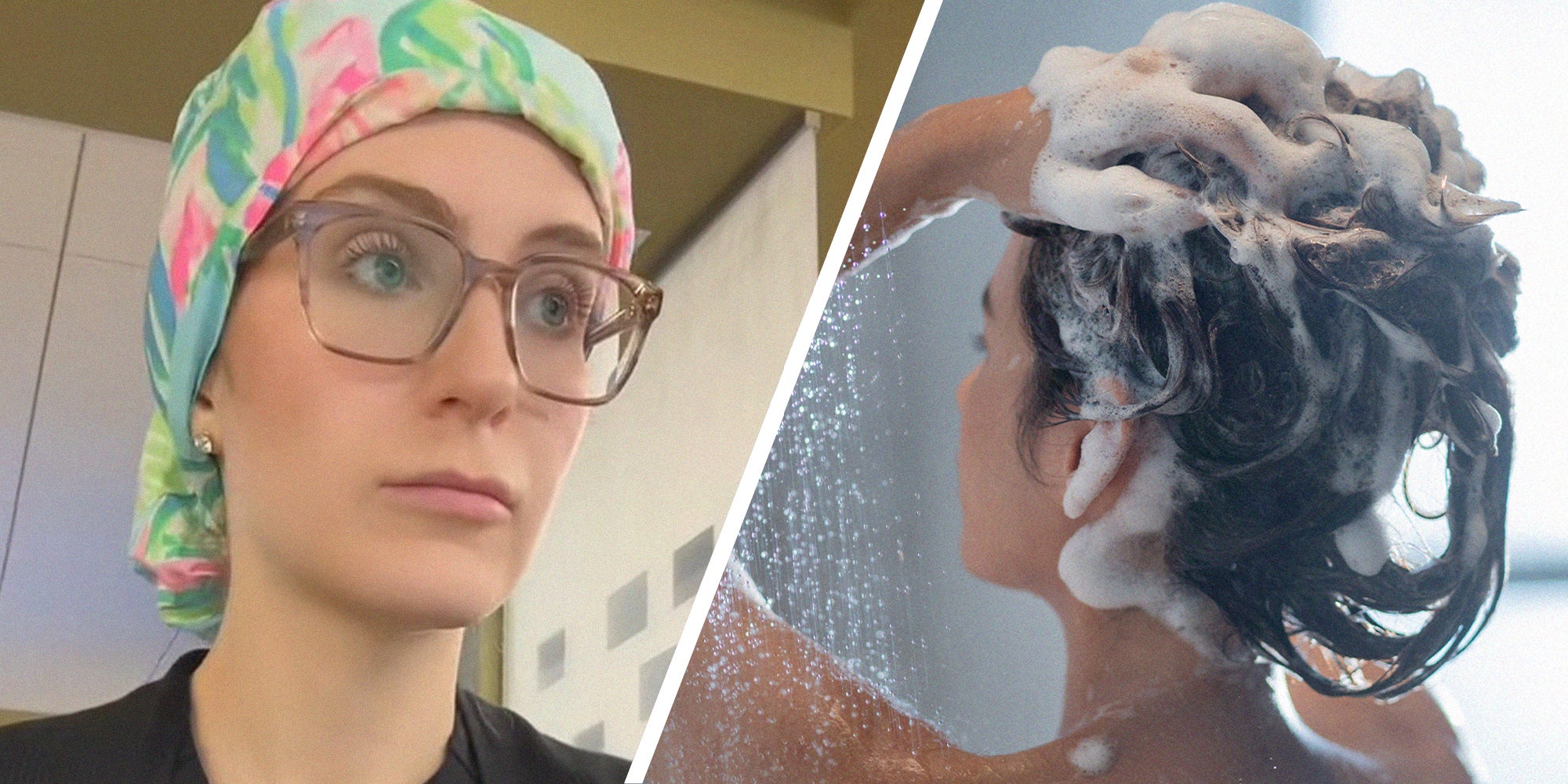 woman wearing a bonnet(l) Woman washing her hair with shampoo(r)