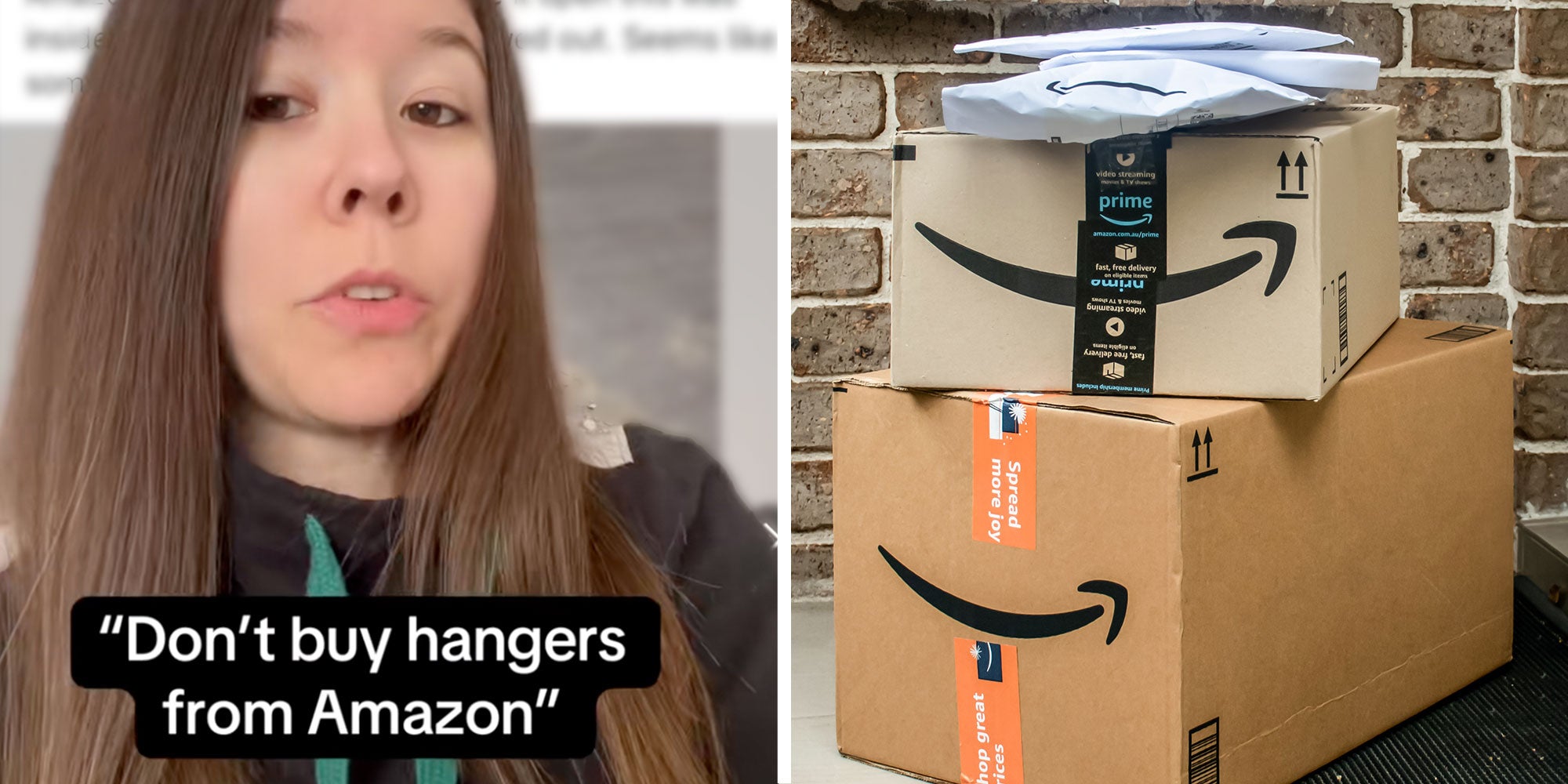 Screenshot of Tiktok user with the caption ''Don't buy hangers from Amazon''; Photo of Amazon packages stacked in front of a residence.