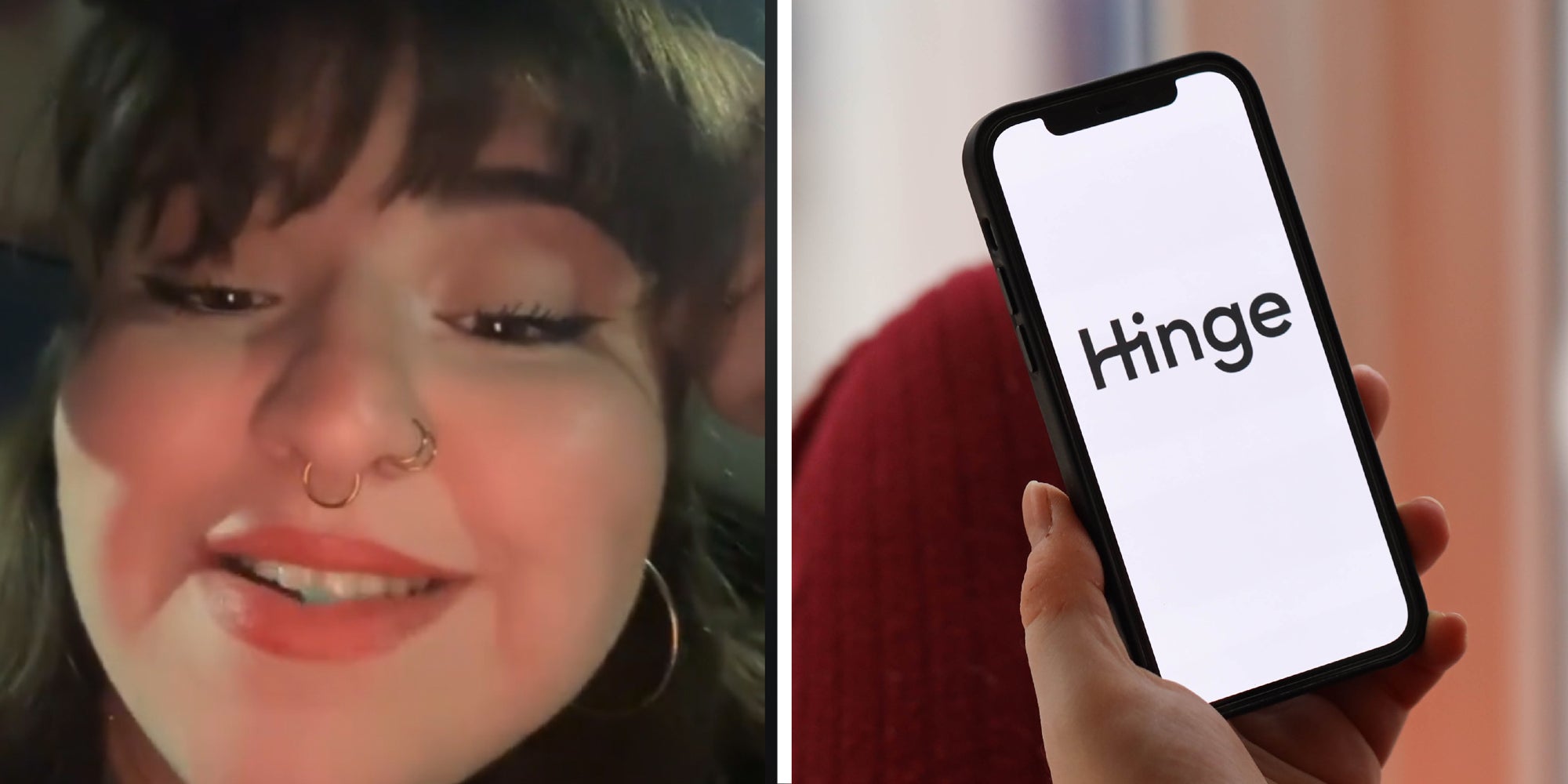 2 panel image: on the left a person explains and on the right is a person holding a phone with the Hinge logo on it.