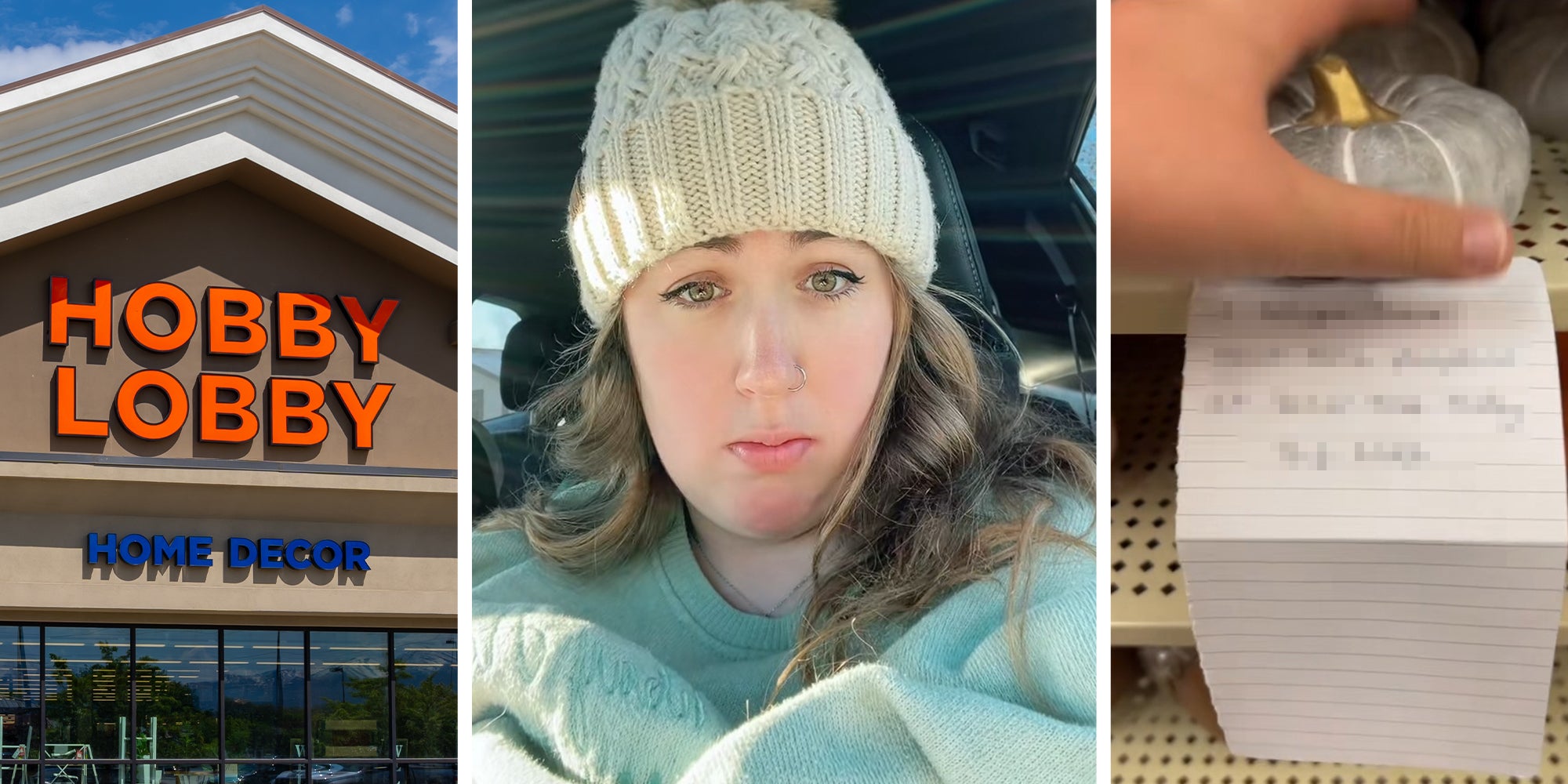 Hobby Lobby Home Decor(l) Woman wearing beanie (c) Pumpkin decor with a note(r)