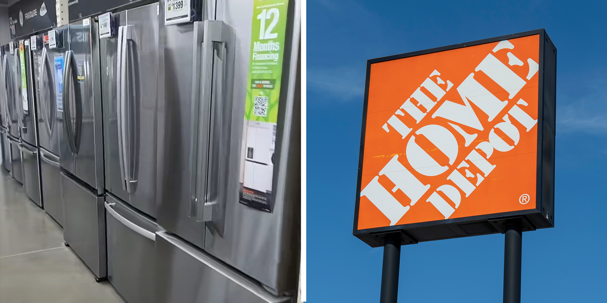 2 image split. Fridges lined up at store on left. Home Depot sign on right.