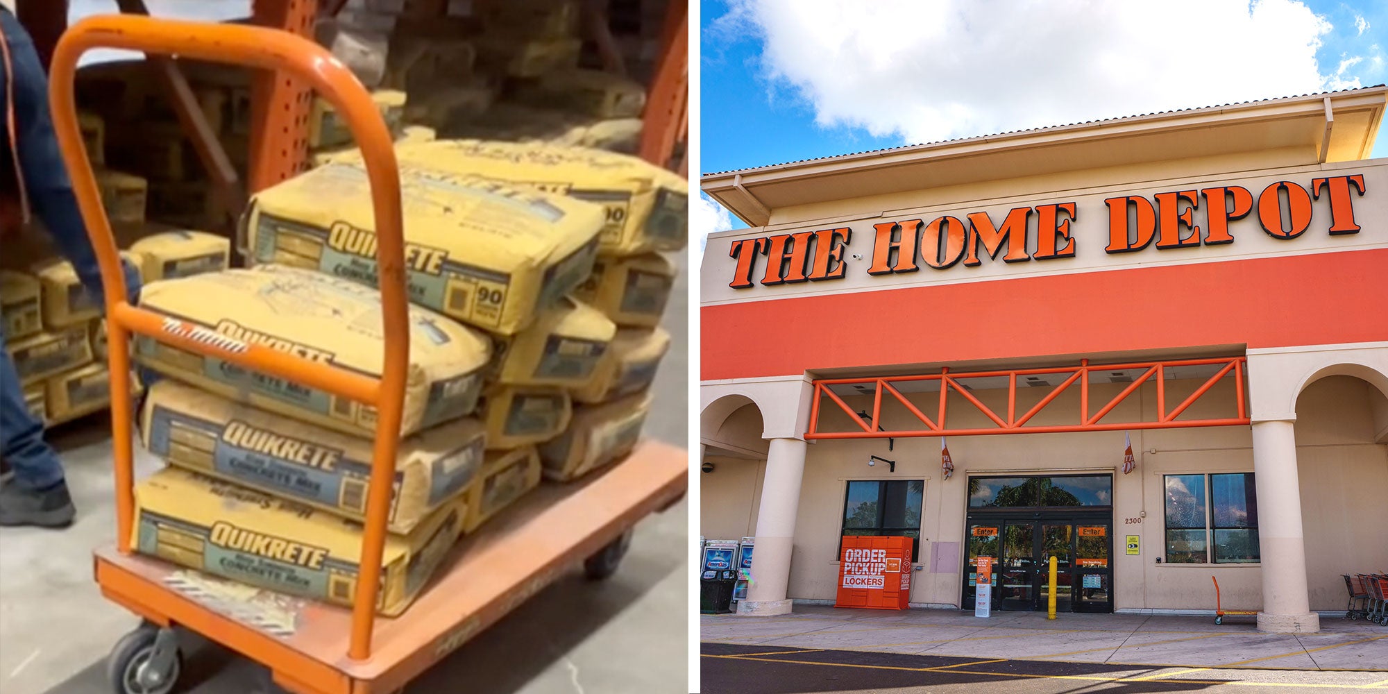 Screenshot from Tiktok user @user60798514230 of a Platform Truck at Home Depot with several bags of Quikrete; Photo of a Home Depot Exterior.
