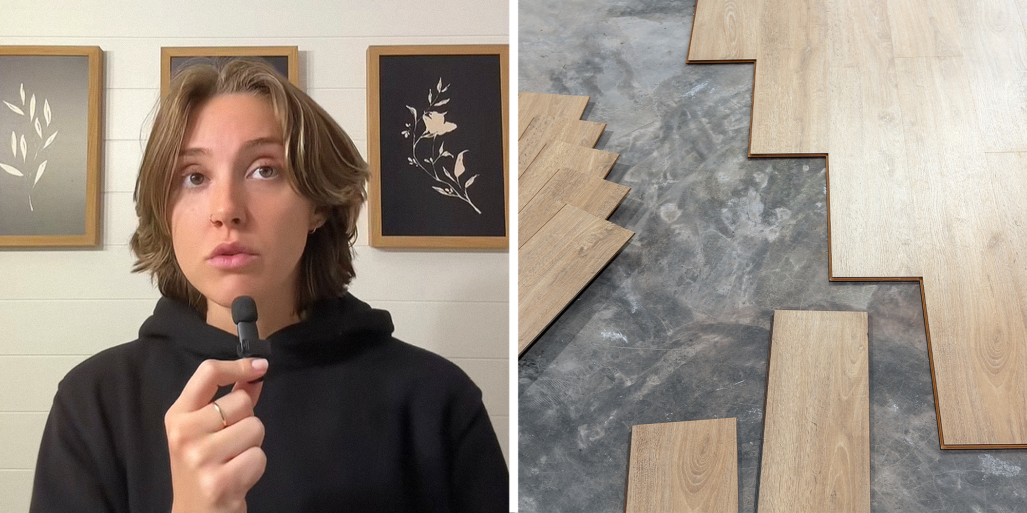 Split image. Woman holding little mic standing in home on left. Vinyl wood panels being added to floor on right.