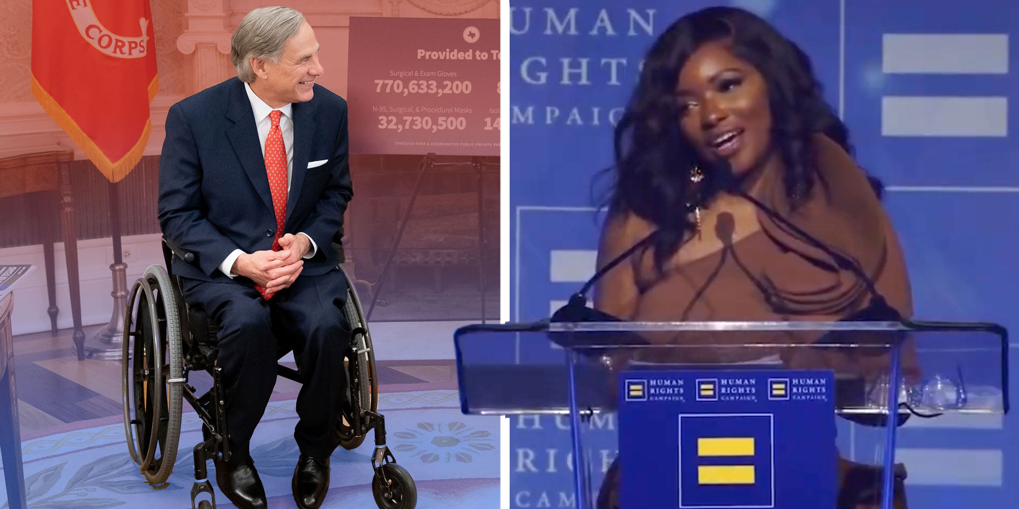Left: Governor reg Abbott at the White House on May 7, 2020; Screenshot of Rep. Jasmine Crockett from X user @townhallcom's video.