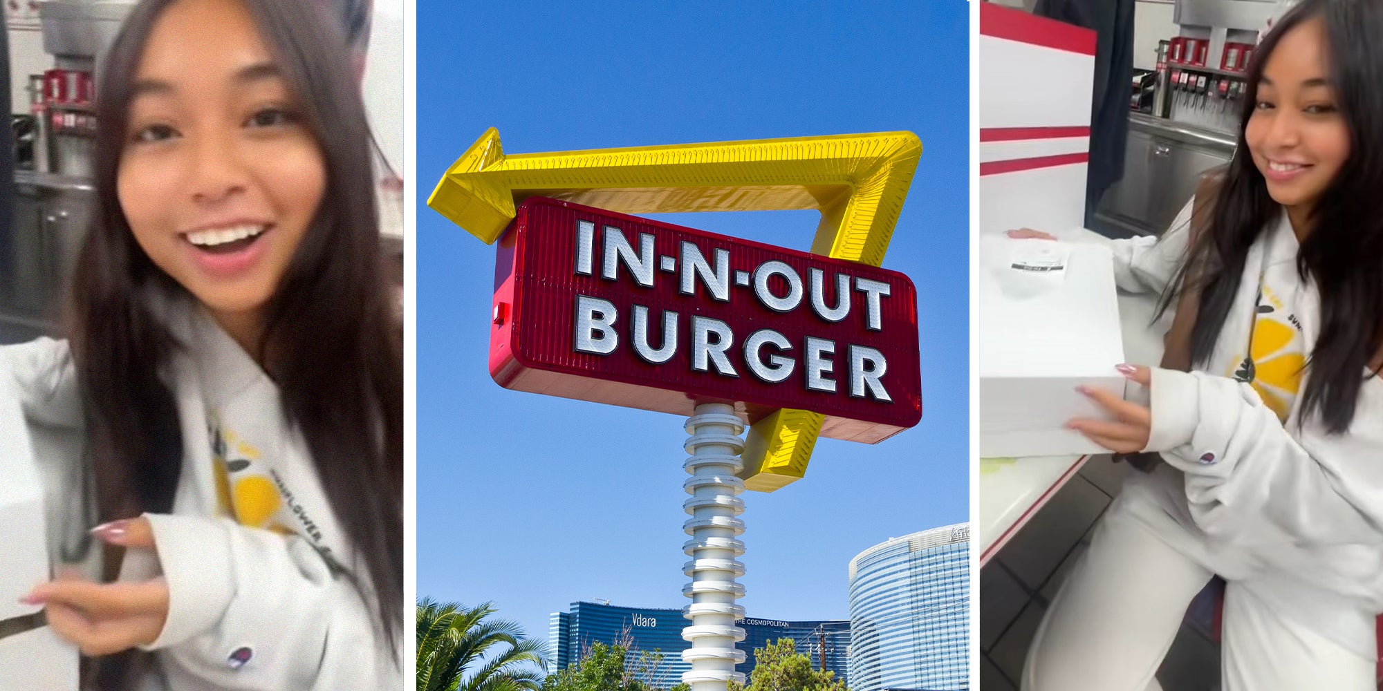 woman looking happy about to open her in n out burger order(l) In n out burger sign(c) Woman smiling next to closed white box(r)