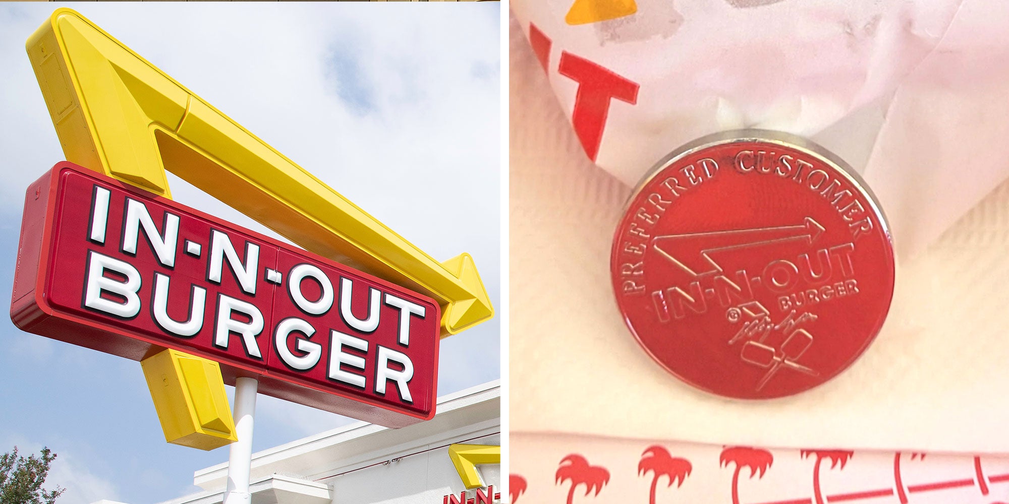 Left: Photo of an In-N-Out Burger exterior sign; Right: Photo from Reddit user u/Desert-AZ-finds of an In-N-Out coin.