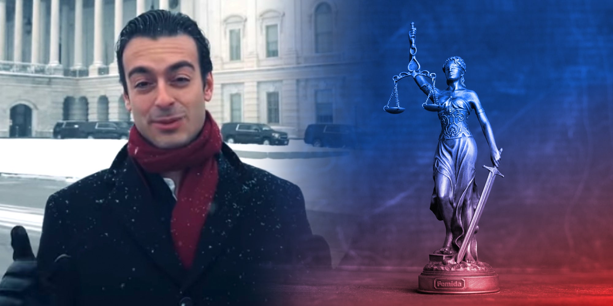 photo collage of Paul Ingrassia and a statue of Lady Justice.