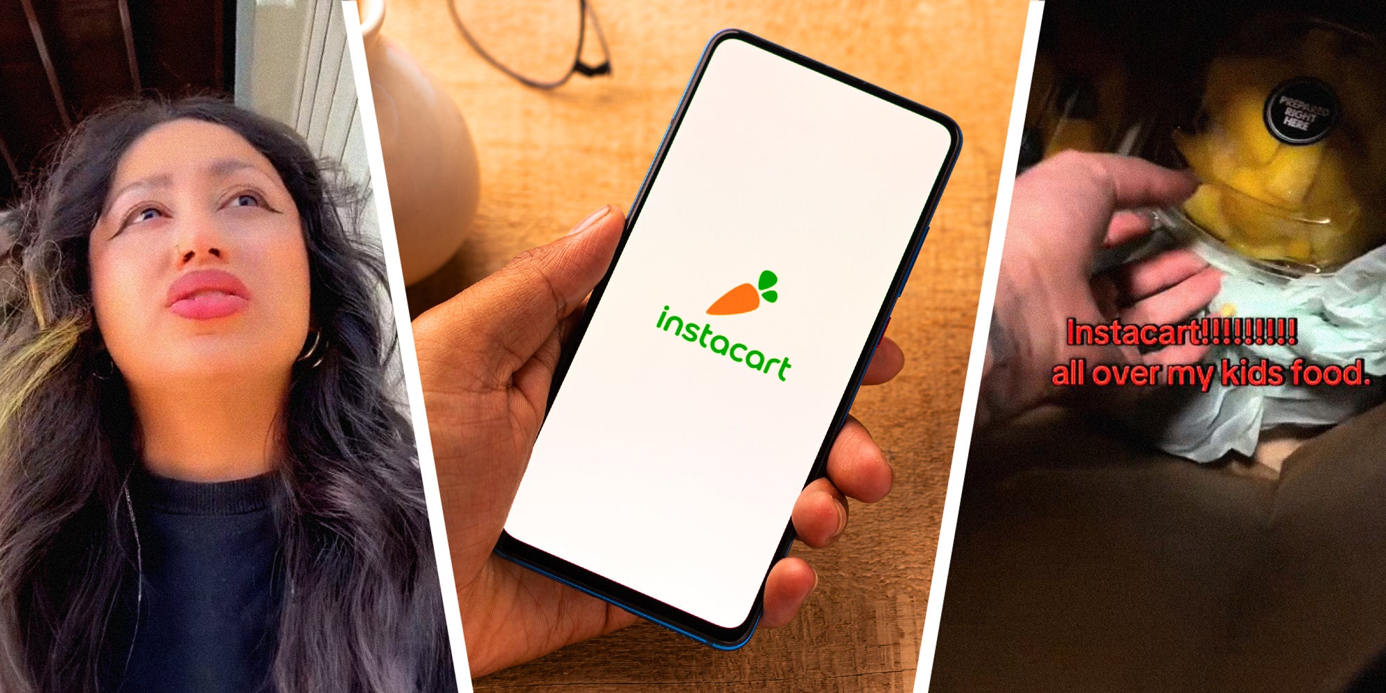 3 panel image: left to right- a person explains, in the middle the instacart on a phone, and a person reaches into a bag.