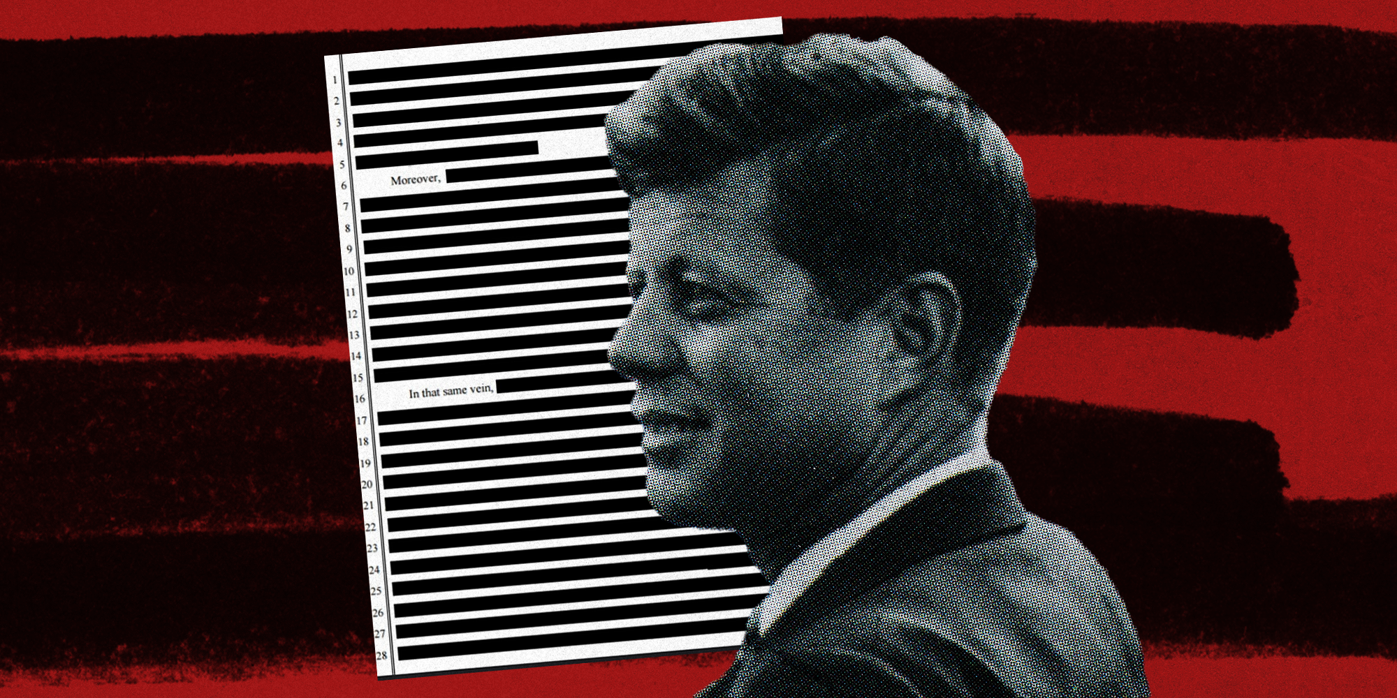Photo of JFK on top of redacted JFK files over red background