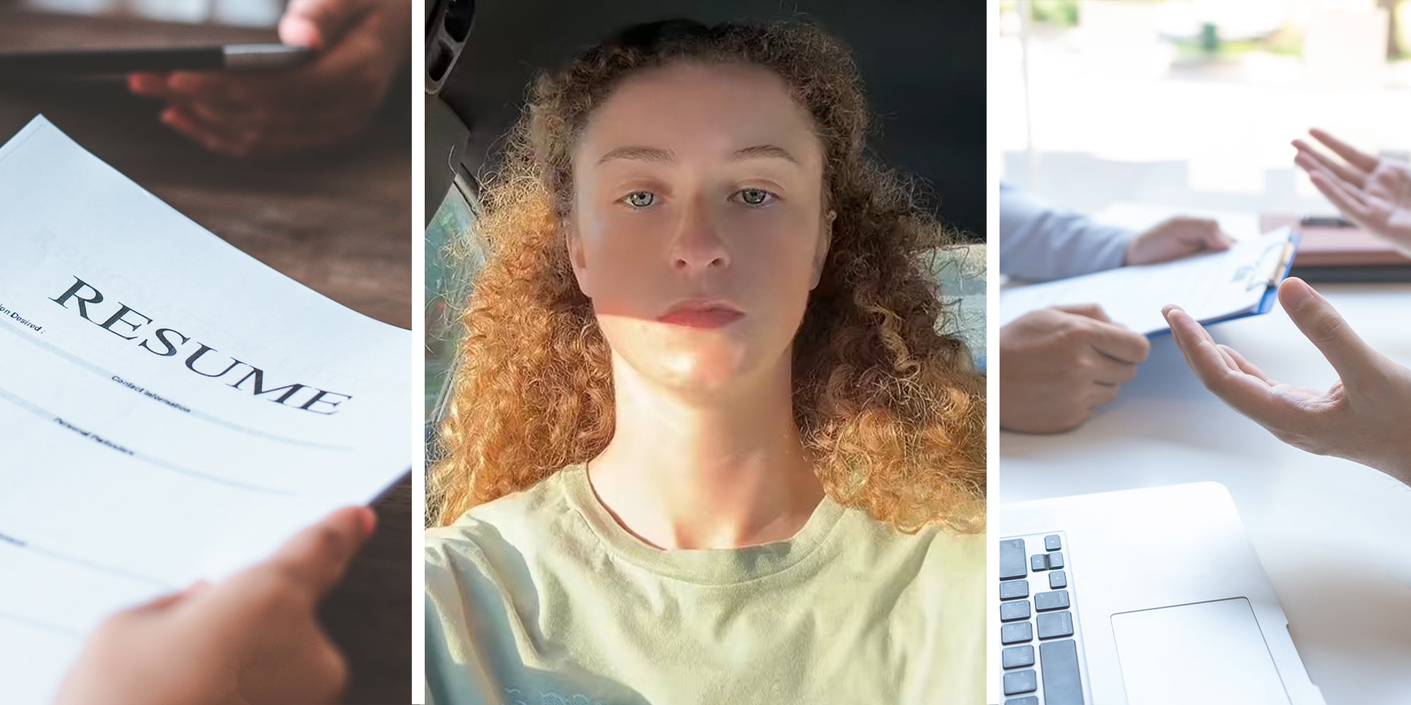person handing in resume(l) Woman shares how her job interview went(c) Person discussing over document(r)