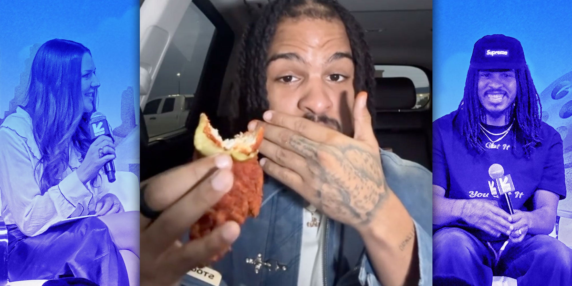 A screenshot from @keith_lee125's Tiktok of Keith Lee eating a Dave's Hot Chicken tender; A photo of Keith Lee at SXSW