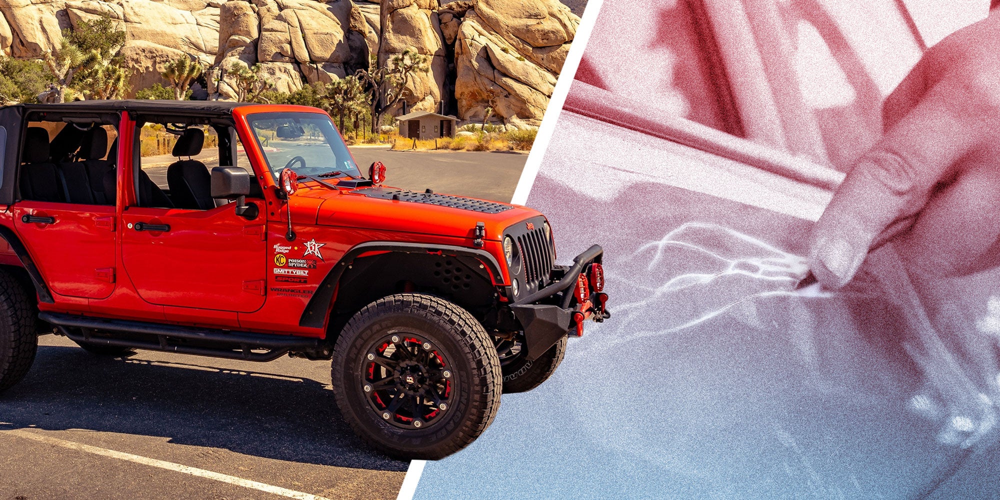 Photo of a Jeep; Photo of a vandal keying a car.