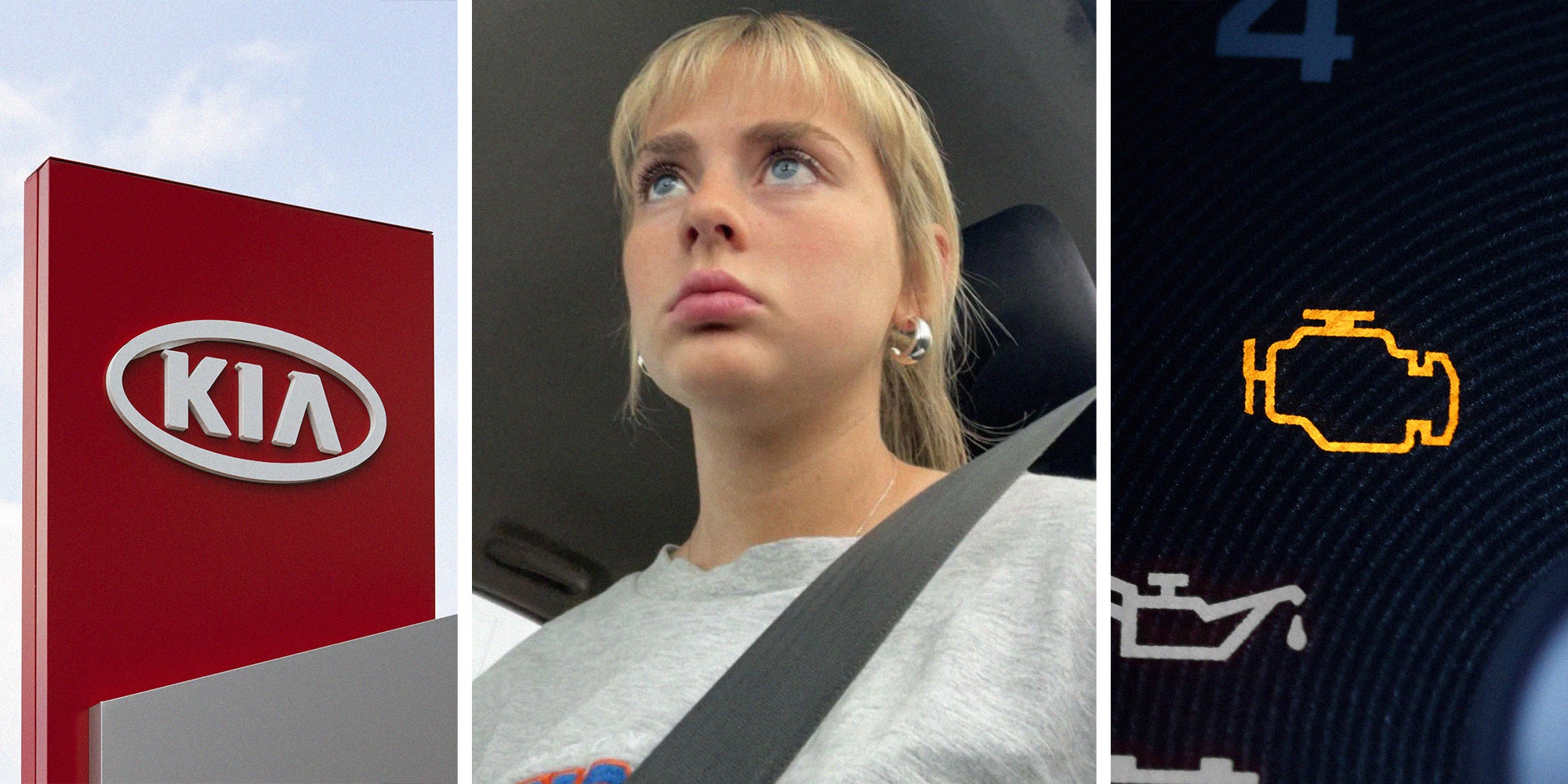 Kia dealer sign(l) Woman looking disappointed inside of her vehicle(c) Check engine light from vehicle dash close up(r)