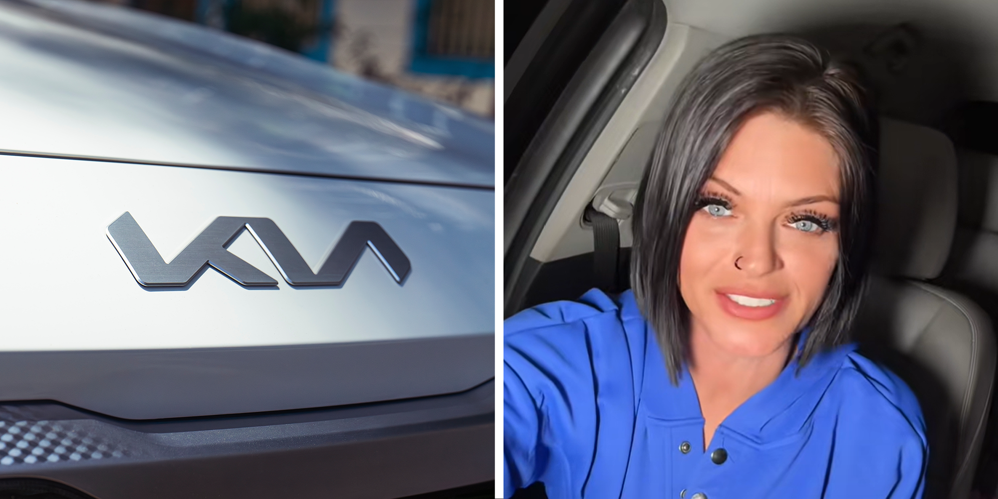 Kia logo on white car on left. Woman in car on right.