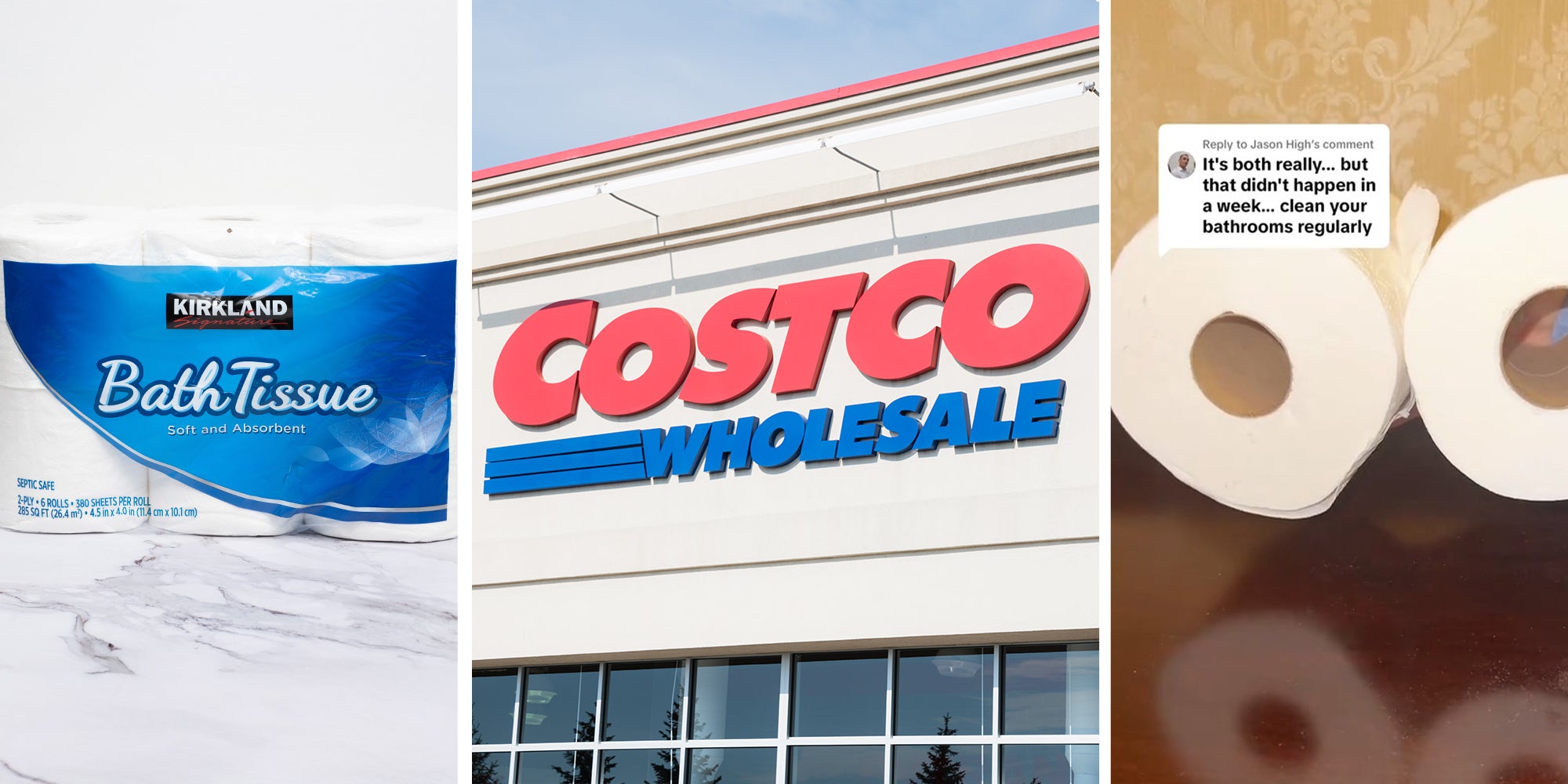 Kirkland Toilet Paper(l) Costco Building(c) Toilet Paper Rolls(r)