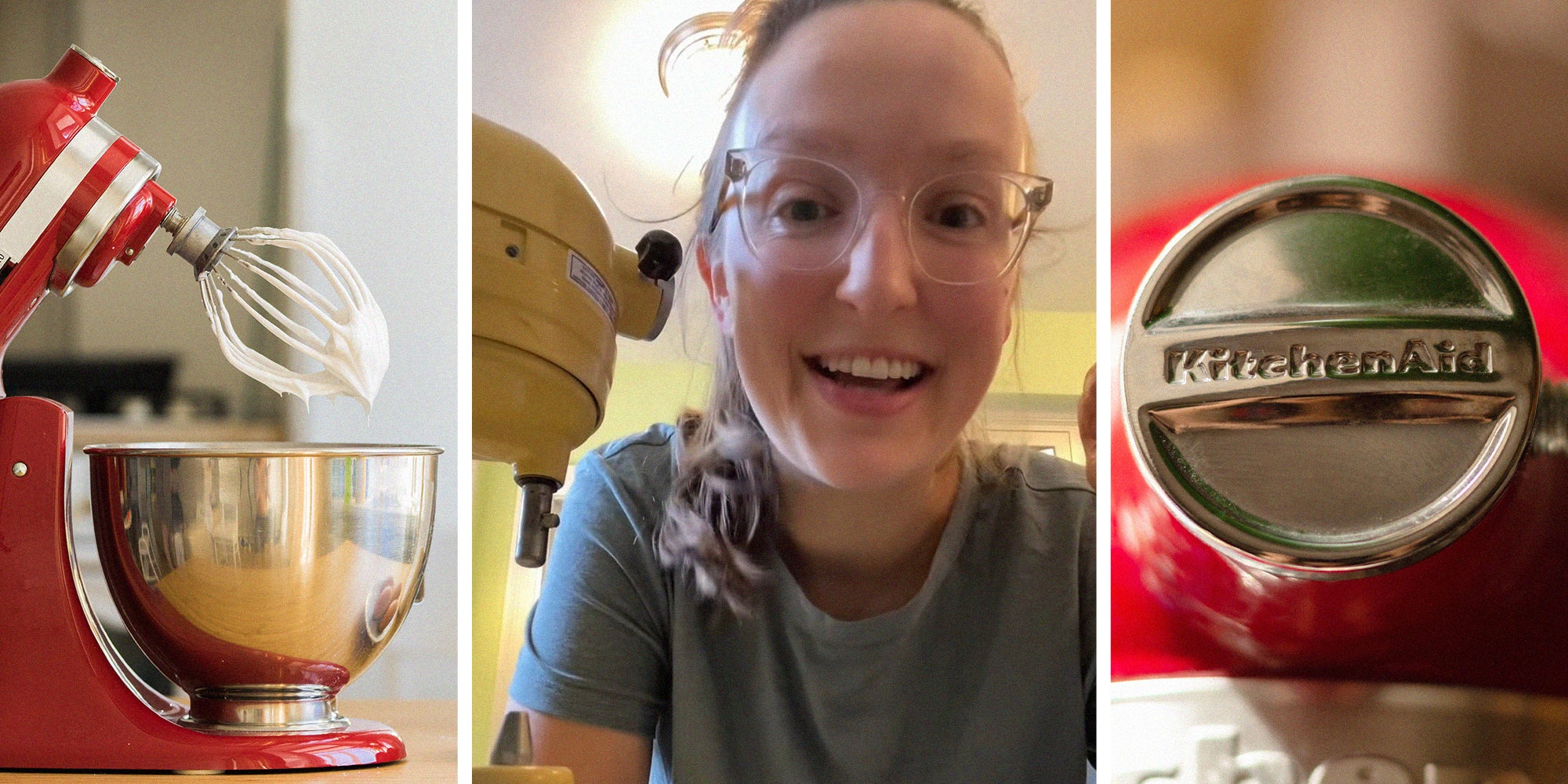 Kitchen Aid Mixer(l) Woman wearing glasses shares what she learns from her kitchen aid(c) Kitchen Aid Logo from Mixer(r)
