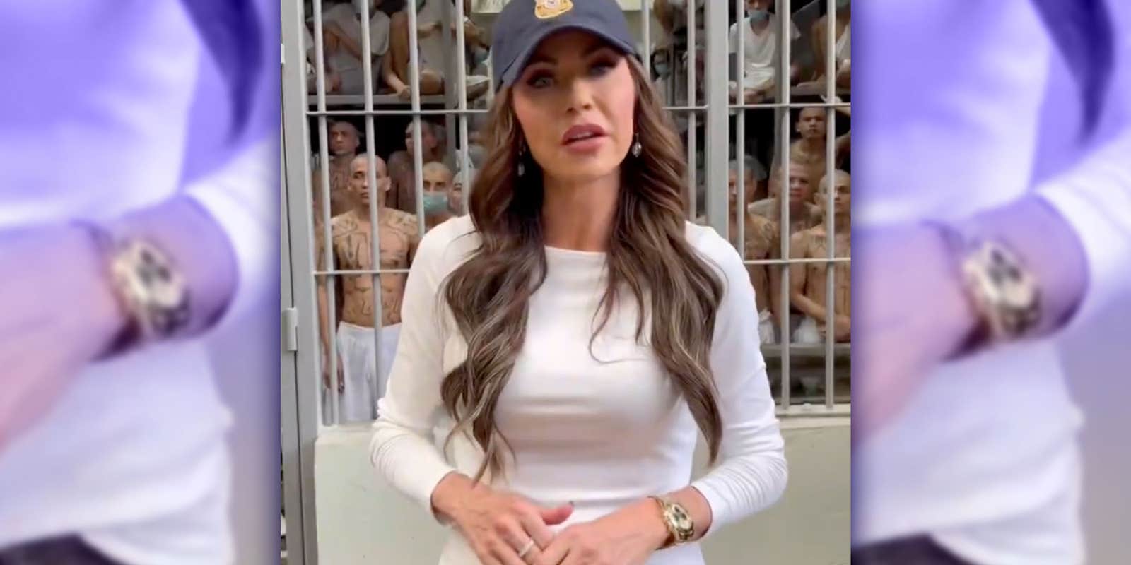 Screenshot of Secretary Kristi Noem in front of an El Salvador prison, with screenshots of her watch on either side.