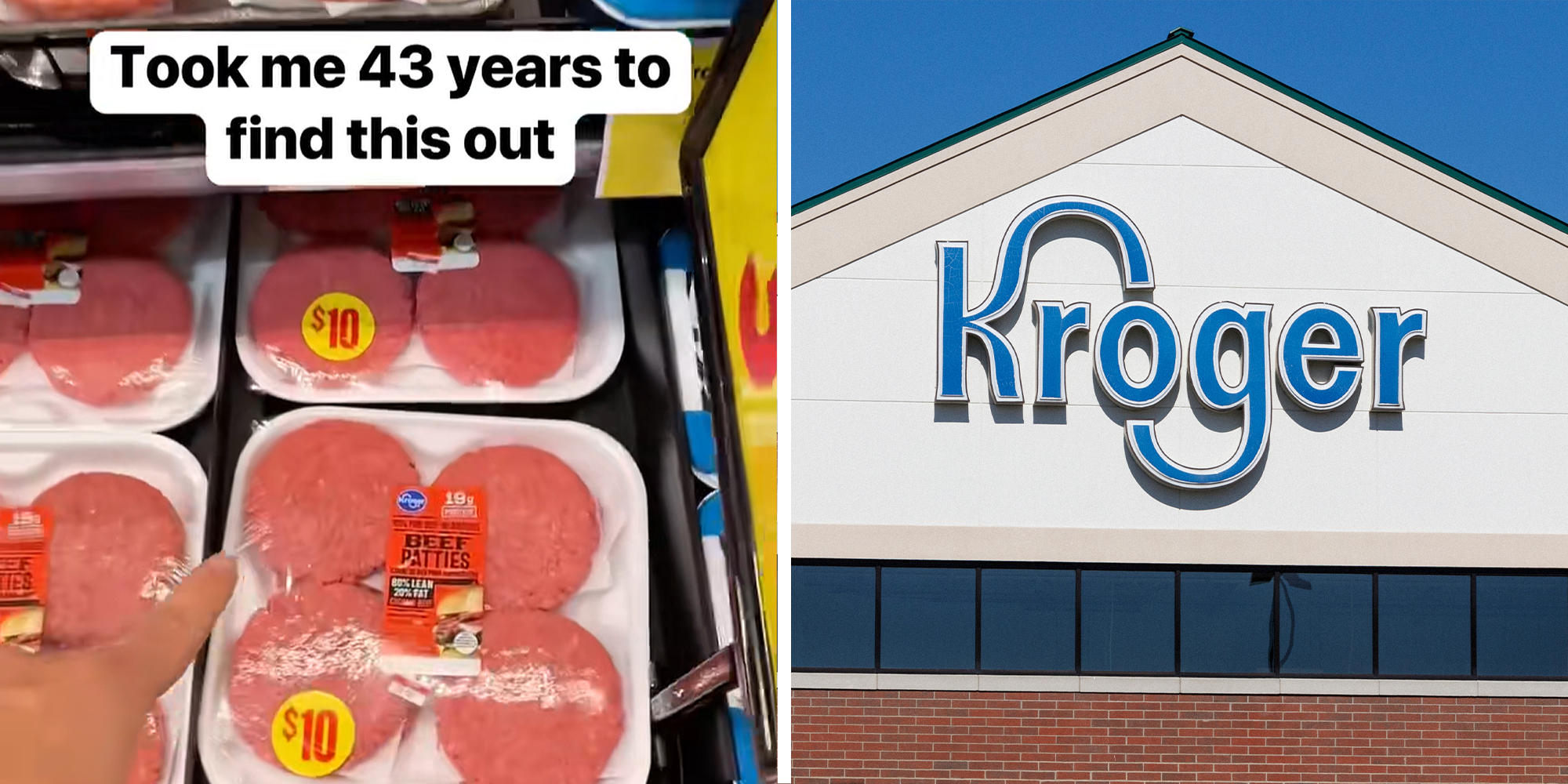 Finger pointing to red meat patties in grocery store with text that reads: 'Took me 43 years to find this out' on left. Kroger storefront on right.