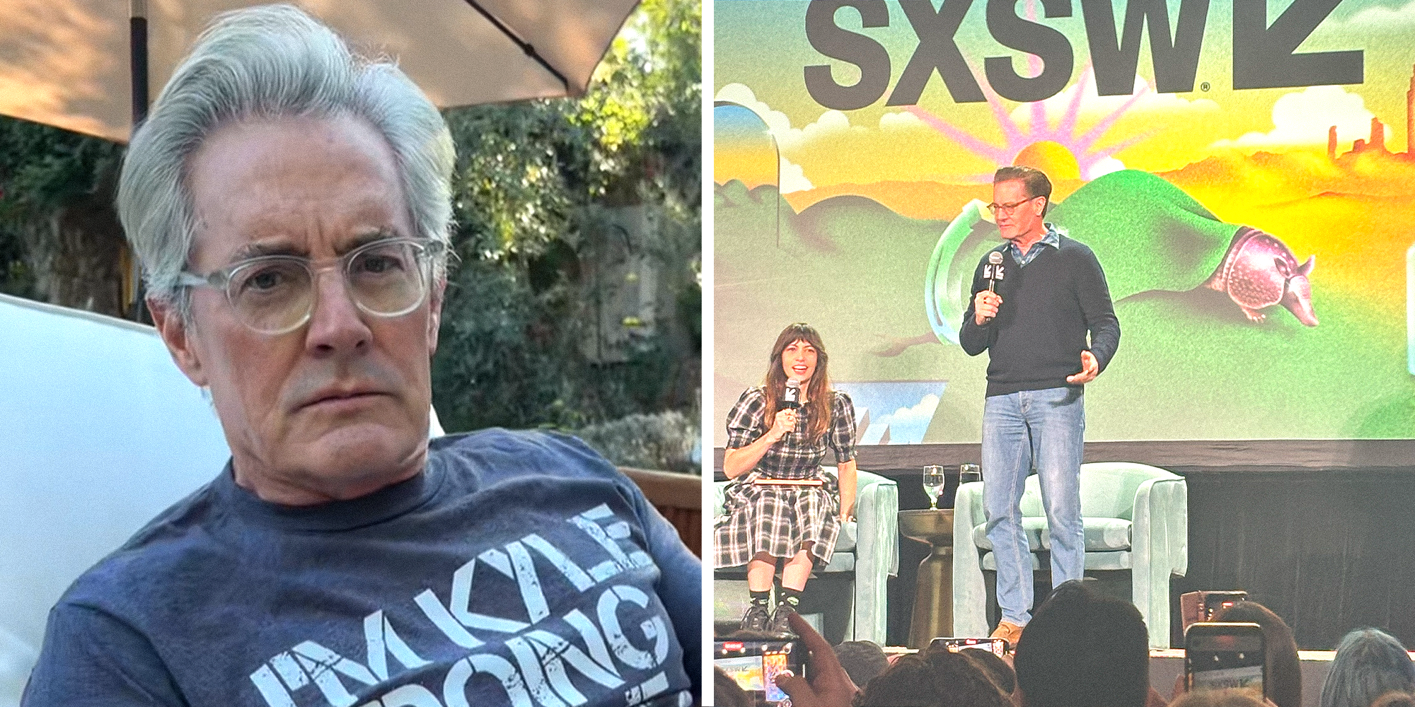 Split image. Kyle Machlachlan sitting outside on left. Kyle Machlachlan at SXSW on right.