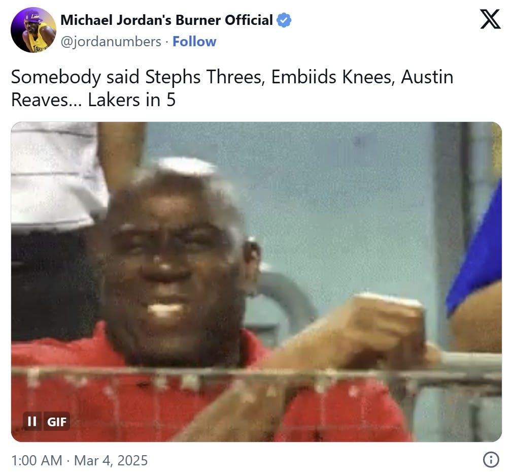 'Somebody said Stephs Threes, Embiids Knees, Austin Reaves, Lakers in 5'