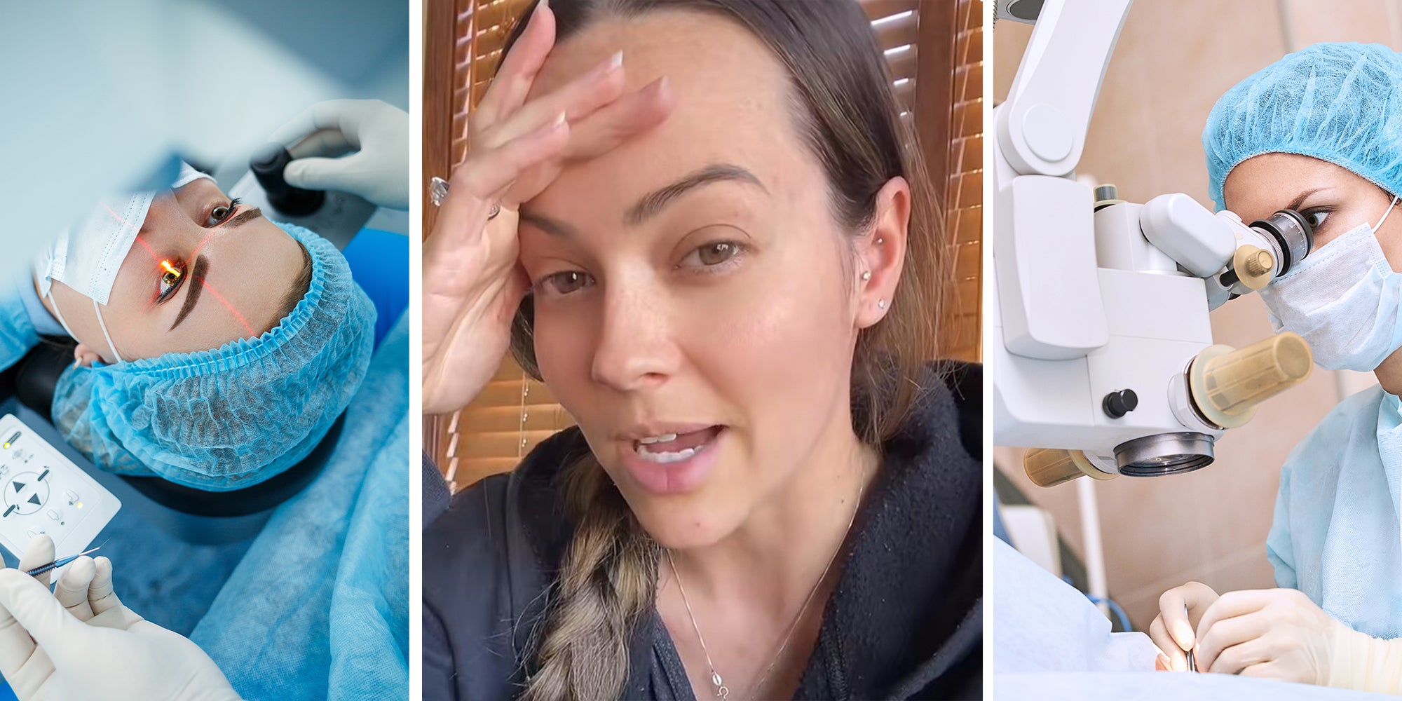 laser vision correction on patient(l) Woman shares experience with lasik surgery(c) Surgeon performing lasik(r)