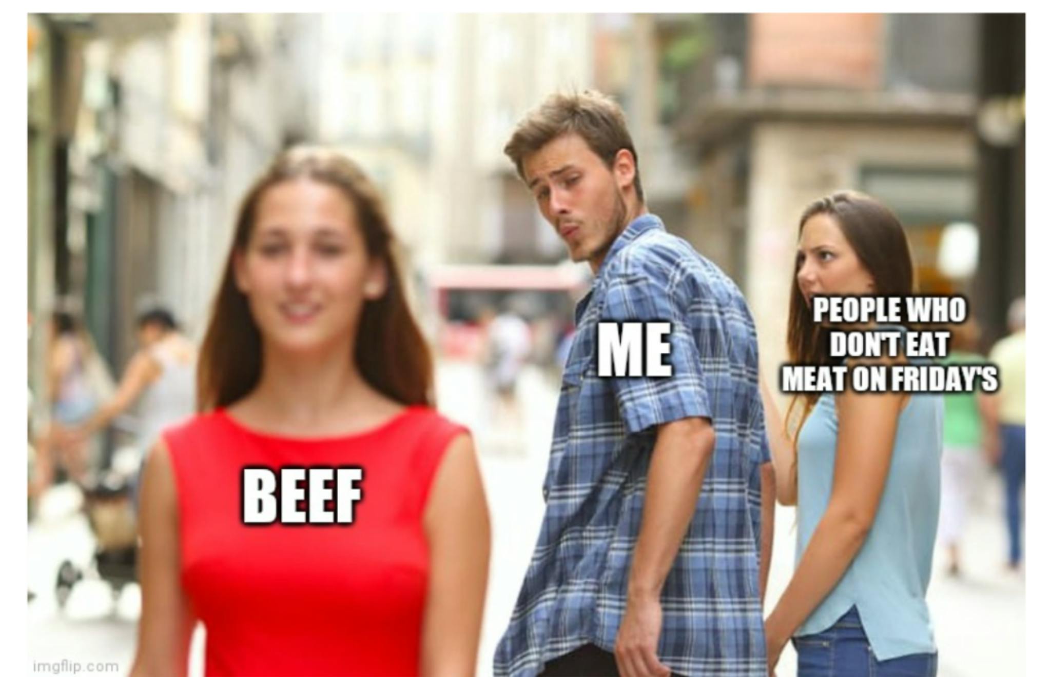 Lent meme of the distracted boyfriend format.