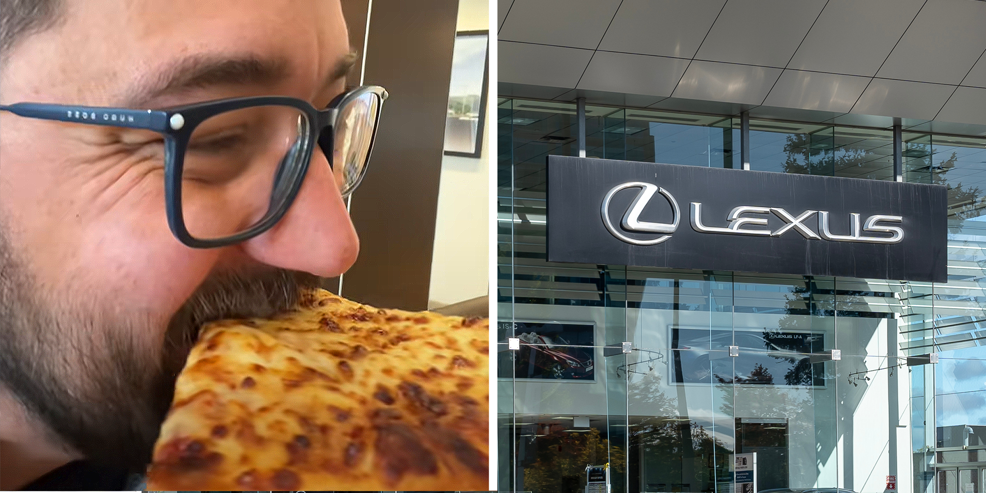 2 image split. Man eating pizza on left. Lexus dealership sign on right.